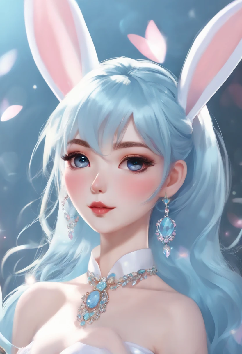 (of the best quality:1.3),4K,8K,8K portrait,16 km,(Works by Masut:1.2),1 girl in,solo,(minimalistic:1.5),opal,super-detailed,Absurdity,(Very detailed beautiful face and eyes:1.3), (Beautiful hair in high detail:1.3),exquisite composition, (all body:1.5),(Full-length characters:1.5), Super cute girl,(Medium hair:1.4),Pink eyes,light blue eyes,(Pink hair:1.2),(light blue hair:1.4),(Playboy bunny:1.6),(Jewelry hair accessories:1.3), (Jewelry eyes:1.3),(eyelashes:1.2),(Symbols in the eye:1.3),(high-resolution, Twinkle,iridescent,lens flares,light particles,shining:1.3),(adorable:1.5)