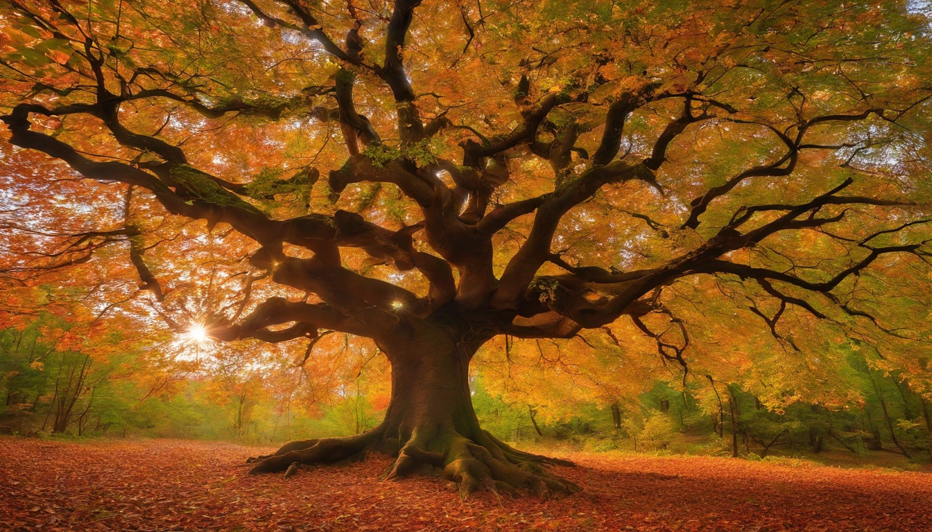 tree in the center of the forest. Its leaves are extended and colorful, but its expression is sad. to capture the details of the colors of the leaves.