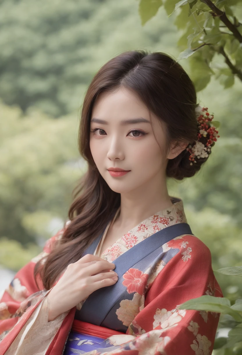 8K Super Resolution、Beautuful Women、One lady、Dark brown hair:1.1、com rosto detalhado、Detailed lips、significant、（Eyes are in focus）、二重まぶた、Eyes of the Princess、 beautfull Japanease woman、beautiful Japanese lady、 sensual lip、Bewitching body、Bust 82、8 class large、Balance and move forward、in her 20s、Perspective、Lovely smile, Detailed Japanese kimono in black, red, yellow, purple、Ultra-realistic and detailed floral patterns and shiny knots、Sharp images、Delicate eye shine、Detailed background of Arashiyama Park in Kyoto、Wear sandals with beautiful Japanese motifs、Natural hand shape、Full body standing figure、