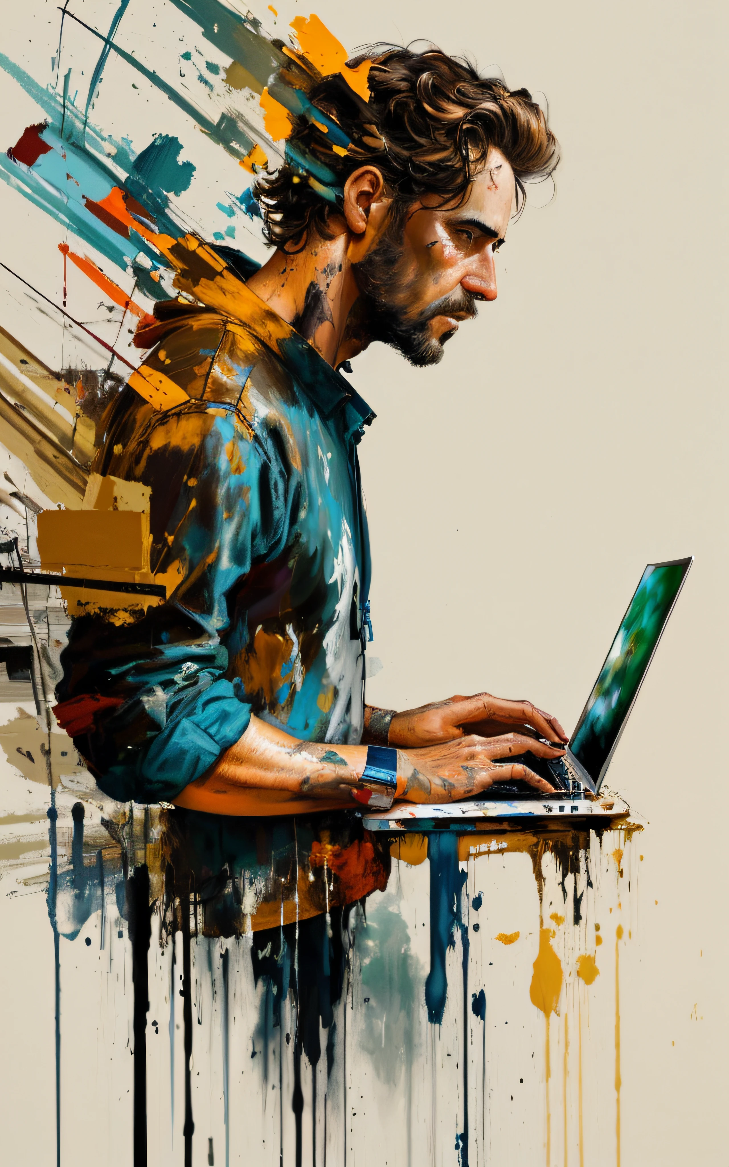 Painting of a man using a laptop with a messy hairstyle, Moinhos Russ, inspirado em Sam Spratt, estilo craig mullins, pintura por computador, intrincada pintura digital, Directed by: Sam Spratt, painterly illustration, arte digital pintada, arte digital inspiradora, contemporary digital art, Mcque Orchid, bela arte digital, obras de arte impressionantes, Arte digital alucinante