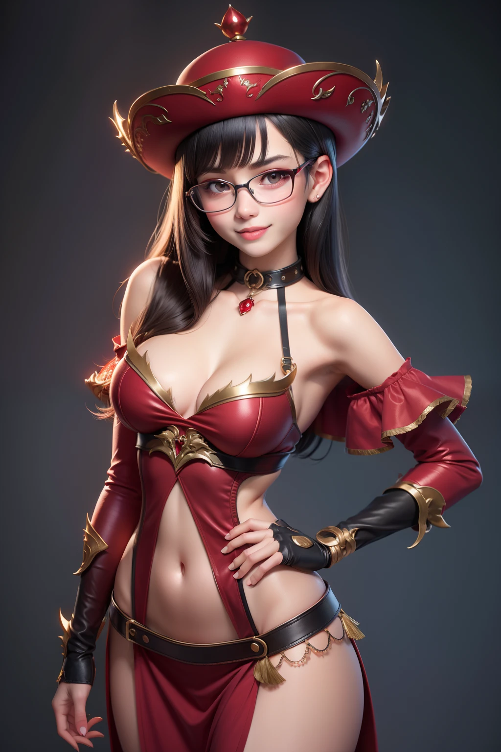 1 cute girl (18yo) glasses, upper body, slim waist, small breast, sexy pose, naugthy face, bangs, random hairstyle, cleavage, navel, collar, collarbone, off shoulder, seductive smile, wear intricately detail hot and sexy outfit, dragon knight costume, wear unique hat, shiny red and dark red color, upper body. flat gray color for background
