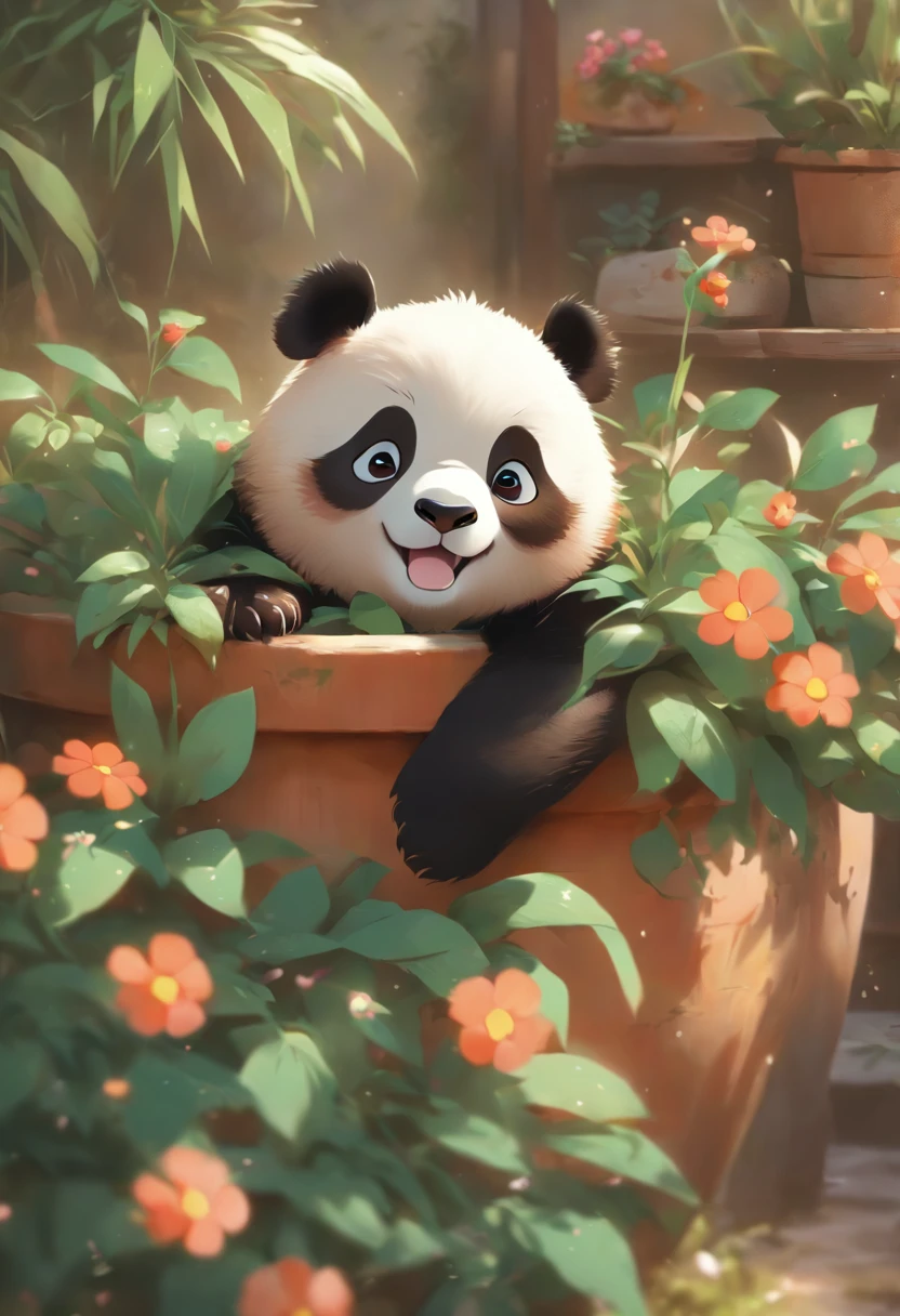 A cute panda lying on his stomach in a flower pot,Has big eyes,Blushlush,Lazy,greet,high detal,white backgrounid