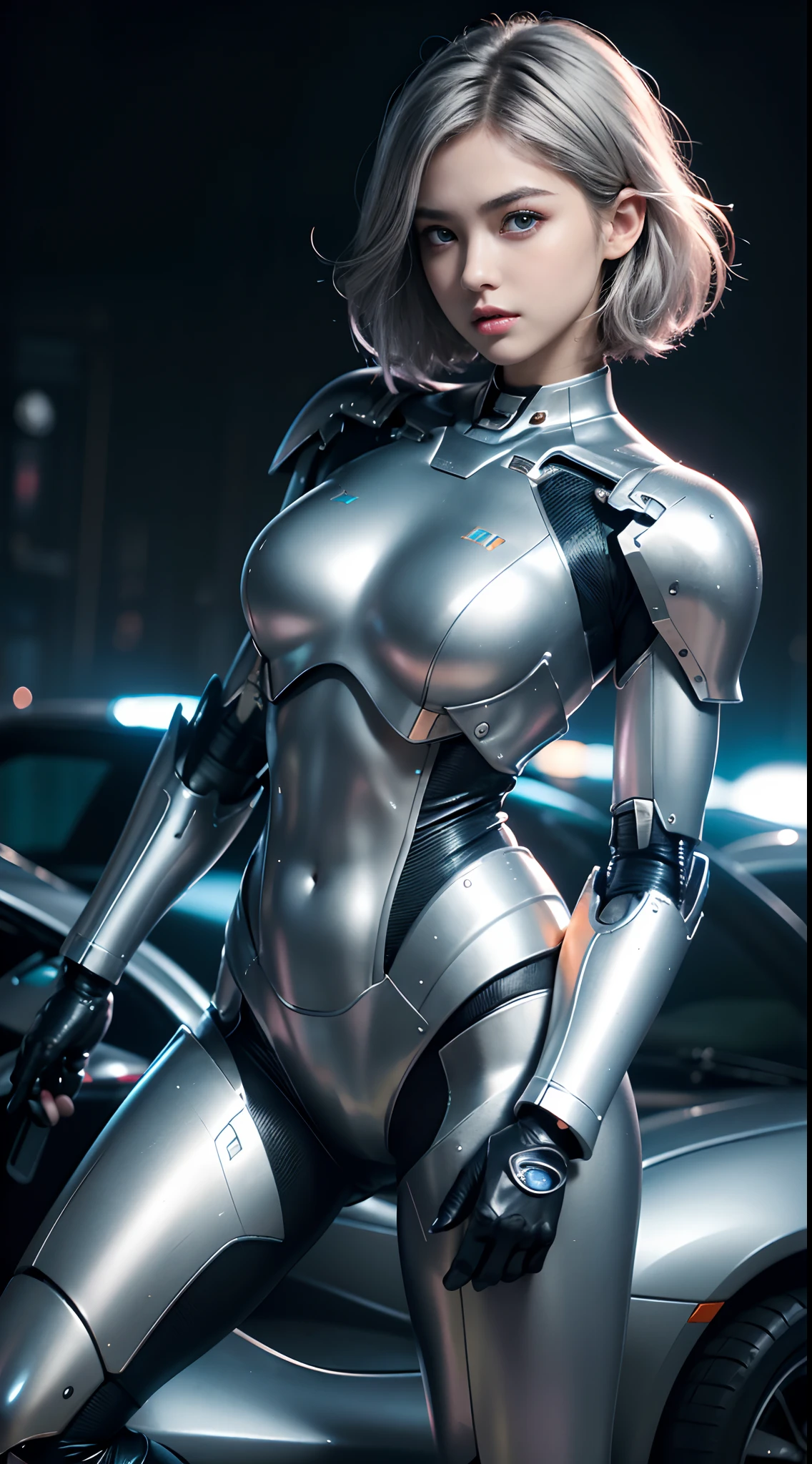 the best ever、(((full body Esbian)))、(((The sheen)))、(((Very shiny metal suit)))、(((Very hard armor)))、The cute beauty of the mecha(Best Quality, Detailed details, masutepiece, , 8K, Chiaroscuro,Bust photos are ultra-realistic and realistic, Highly detailed Canon videography )、((Beautiful and shining natural eyes))、Beautiful navel、Human skin type、((Highly photorealistic human beings))、(Perfectly round pupils)、The details of the iris of the pupil are very amazing、(((Shining eyes)))、accurate fingers、Limbs without breakdowns、(((Caucasian girl)))、((very fair pink skin))、Naturally closed mouth、Natural areola、natural 、Staring eyes、Natural body、a baby face、Face、Feminine body、(with round face)、a small face、soft cheeks、Looking at the camera、full body Esbian、、Beautiful and shining natural eyes、Human skin type、((Highly photorealistic human beings))、(Perfectly round pupils)、The details of the iris of the pupil are very amazing、Limbs without breakdowns、Naturally closed mouth、Natural areola、natural 、Staring eyes、Natural body、Slightly baby-faced、Feminine 、Feminine body、with round face、a small face、soft cheeks、Looking at the camera、full body Esbian、Balanced face、drooing eyes、(Not a crushing eye)、Body with human-like proportions、(((Slightly longer arms)))、(rather long torso)、(((slightly larger hands)))、human face、(((Glowing silver hair)))、(((Cool Shortcut Hair)))、(((The background is the future)))、(((8 Head Body)))、(((Light blue eyes)))、(((Thin thin silver eyebrows)))、(((Thin eyebrows)))、Looking at this、Gentle double eyelids、(((Gentle face)))、(((Background Mecha)))、bladerunner、(((RoboCop)))、Ghost in the Shell、(((Night background)))、(((Makeup is light)))、(((The quality of Hollywood sci-fi movies)))、(Neon light)、(((Tokyo in 6000 AD)))、(((teal and orange)))、Height 165cm、leg length 82 cm、the length of the head is 21 cm、Low heel shoes