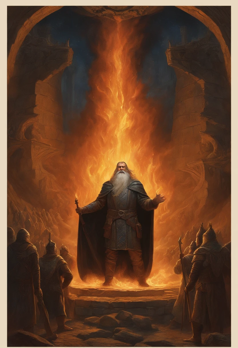 Create an AI-generated illustration in the style of Gustave Doré depicting the moment when Aulë, the master craftsman Valar, forges the Seven Fathers of the Dwarves deep within the Earth, their stout forms emerging from molten rock and metal. Aulë's intense focus on his work, the fiery glow of the forge, and the newly awakened Dwarves' awe-struck expressions should all be vividly portrayed in this scene from 'The Silmarillion' by J.R.R. Tolkien.