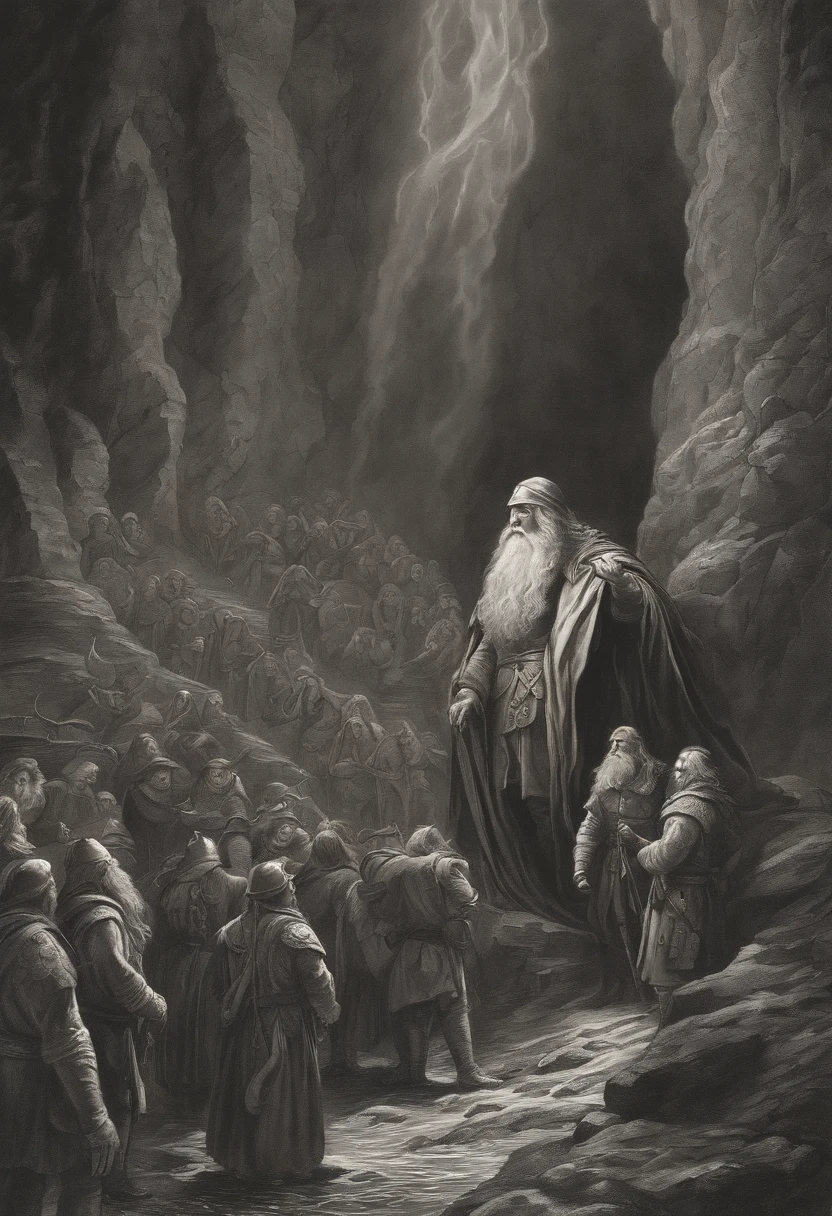 Create an AI-generated illustration in the style of Gustave Doré depicting the moment when Aulë, the master craftsman Valar, forges the Seven Fathers of the Dwarves deep within the Earth, their stout forms emerging from molten rock and metal. Aulë's intense focus on his work, the fiery glow of the forge, and the newly awakened Dwarves' awe-struck expressions should all be vividly portrayed in this scene from 'The Silmarillion' by J.R.R. Tolkien.