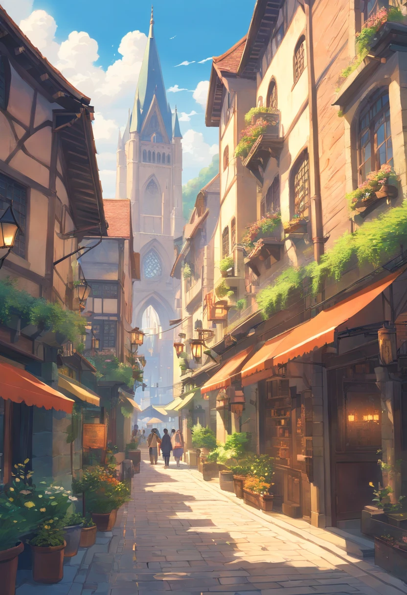 A painting of a narrow street with a church tower in the background ...