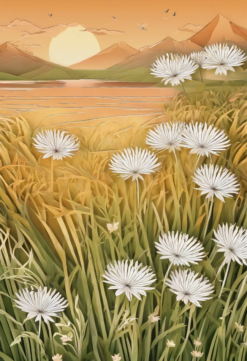 Create images of serene grass,Colorful wildflowers and brilliant sunsets in the background.