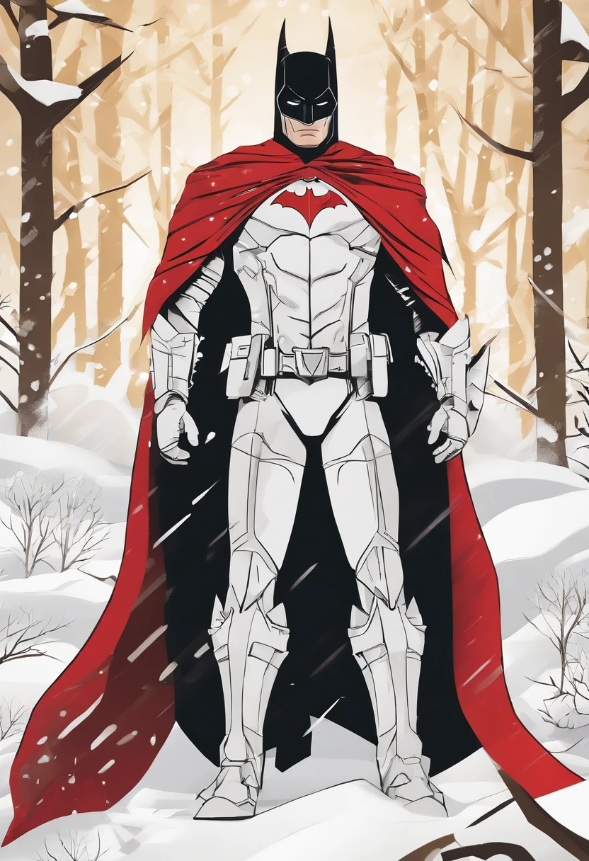 Batman is all over white, Gold and red armor set, On a white snow forest, Snow falls on the armor, Sin shines on the armor suit, Ultra photo realsisim, Photorealistic, 8K, an award winning photograph