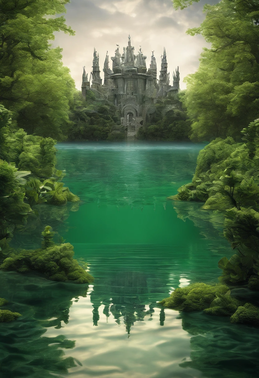 the picture shows a crown flying over a lake,UE5,OCTAN,C4D, in the style of futuristic organic, dark silver and light green, kodak ultramax, historical illustration, lunarpunk, gigantic scale, wide angle lens