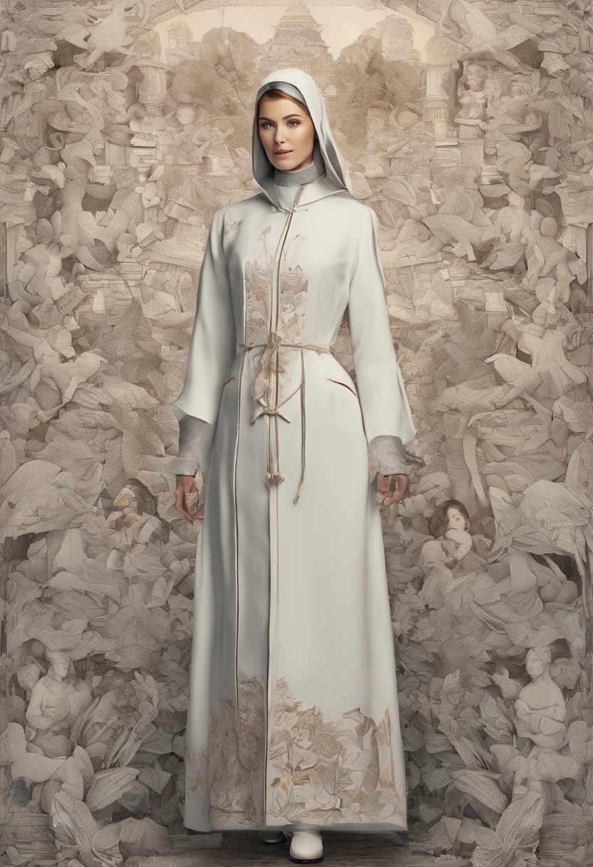 Super realistic, Full body detailed portrait, a woman in 30s, White skin, Exquisite features, Soft smile, Caring eyes, Wearing a nun's coat. Albert Anker, greg rutkovsky, Art germ, Phlegm sputum, phlegm, Pisif, Luminism, a 3D render, rendering by octane, isometry, Awesome full color, Very detailed, very precise, handpainted, 8K, the mix of bold dark lines and loose lines, On paper, Position directly facing the audience,Make their bodies symmetrical and balanced, Delicate and ultra-realistic character expressions,