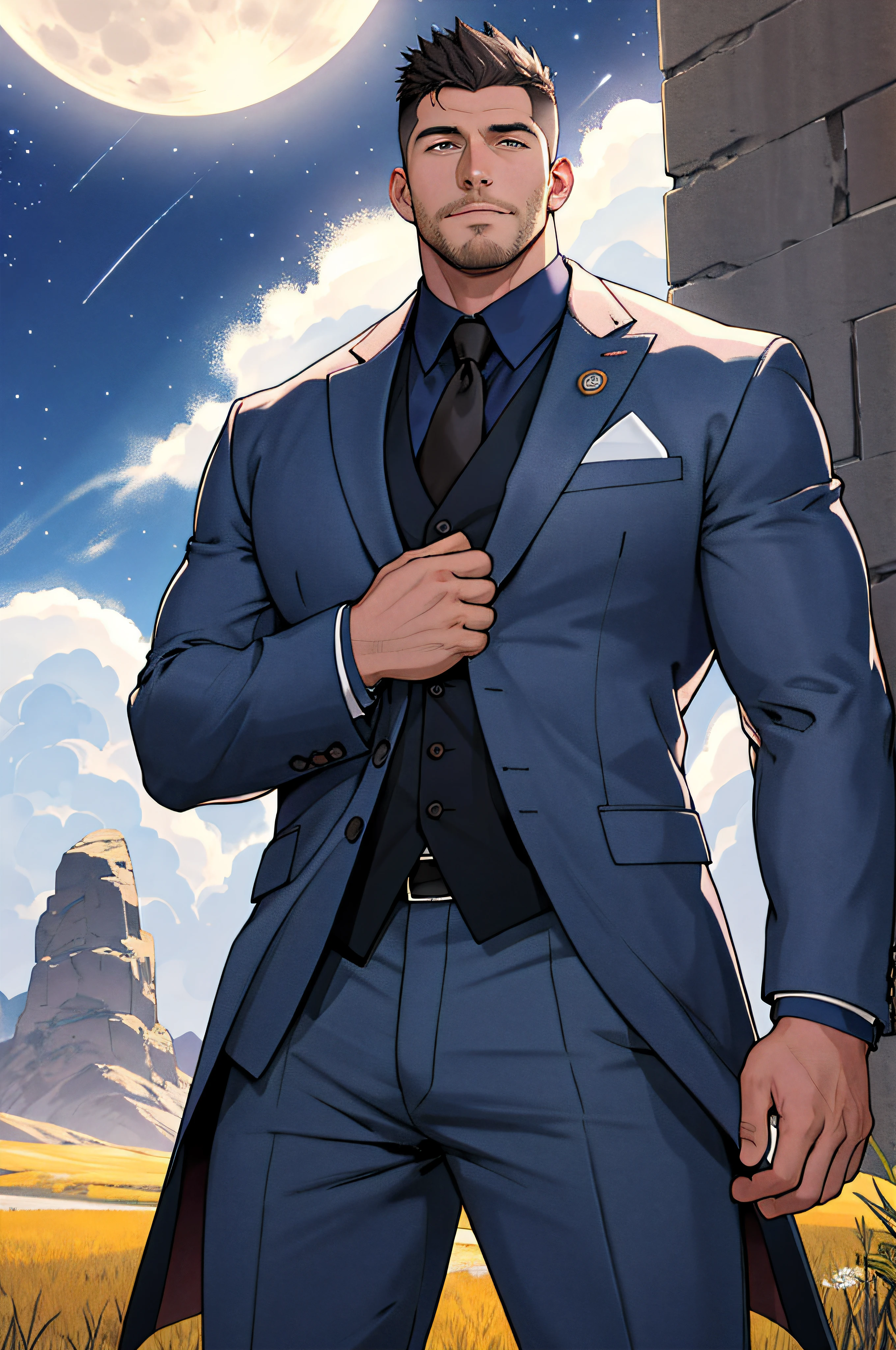 Draw a full-fledged footballer,Standing on the steppe at night,Quiet and comfortable background,He wears the same suit as the country's president,The suit fits perfectly,rays of sunshine,cheerful big breasts,Handsome,eyes with brightness,The man looks confident and determined,looking-down,Crew cut,full bodyesbian,Stars dot the sky,shooting from below,Big moon highlights background