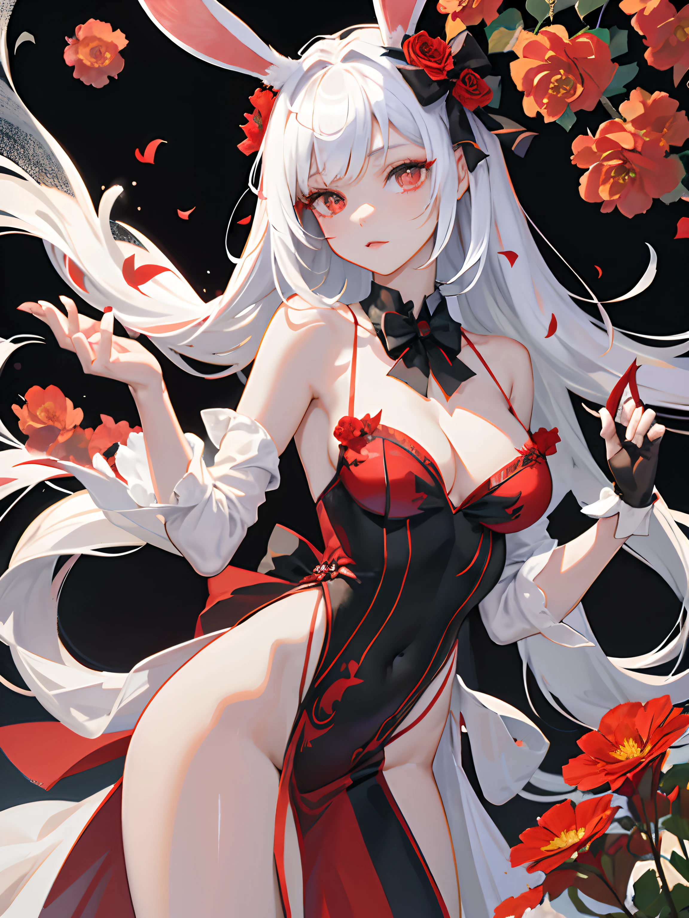 ((tmasterpiece, beste-Qualit)), (1 girl), (独奏), (Women's orientation),(monochrome girl:1.5), (on a background of red flowers:1.5),nsfw, sexy bunny outfit,1girl, large breast, naked breast, solo, red eyes, gloves, flower, long hair, animal ears, holding, looking at viewer, black gloves, fingerless gloves, upper body, bare shoulders, rabbit ears, bangs, red flower, white hair, red dress, holding flower, mask, black bow, dress, shoulder cutout, bow, hair between eyes, parted lips, wavy hair, hair ornament, petals, one eye covered, black nails, hair bow,fantasy, intricate, elegant, highly detailed, digital painting, artstation, concept art, matte, clear focus, illus