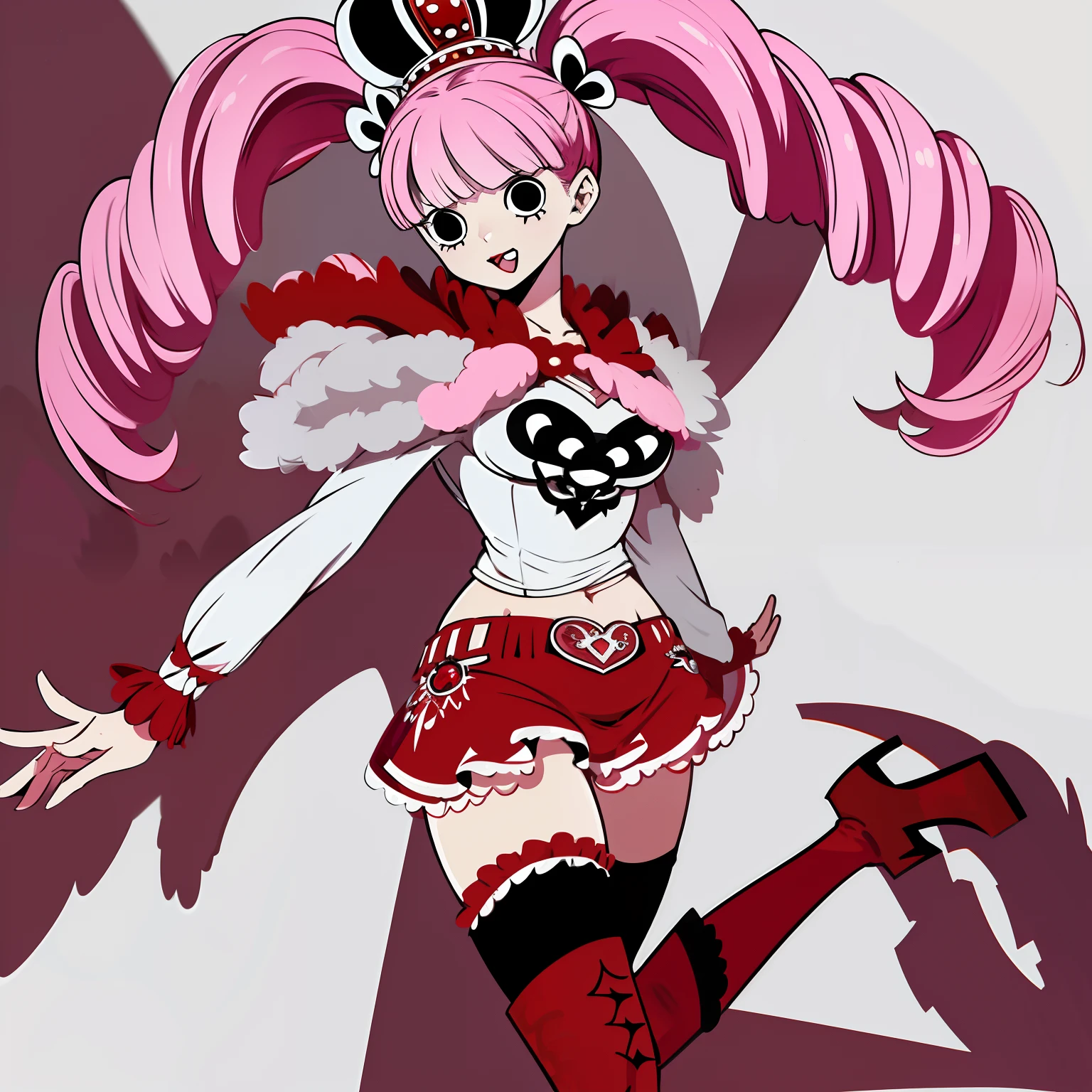 PeronaChan, cheems_perona_v3, pink hair, black eyes, blunt bangs, drill hair, red lipstick, twintails, crown, black and white stockings, red boots, red capelet, white shirt with sleeves, red skirt, perfect anatomy, solo