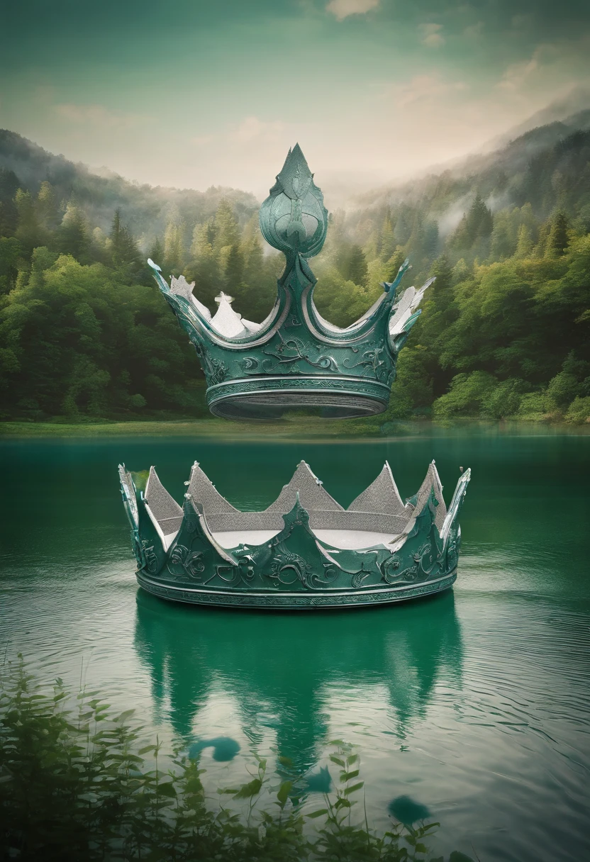 the picture shows a crown flying over a lake,UE5,OCTAN,C4D, in the style of futuristic organic, dark silver and light green, kodak ultramax, historical illustration, lunarpunk, gigantic scale, wide angle lens