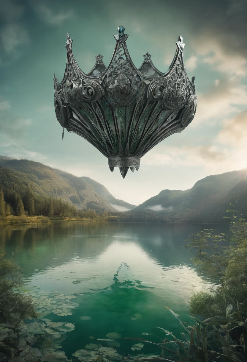 the picture shows a crown flying over a lake,UE5,OCTAN,C4D, in the style of futuristic organic, dark silver and light green, kodak ultramax, historical illustration, lunarpunk, gigantic scale, wide angle lens