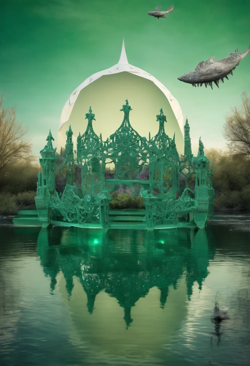 the picture shows a crown flying over a lake,UE5,OCTAN,C4D, in the style of futuristic organic, dark silver and light green, kodak ultramax, historical illustration, lunarpunk, gigantic scale, wide angle lens