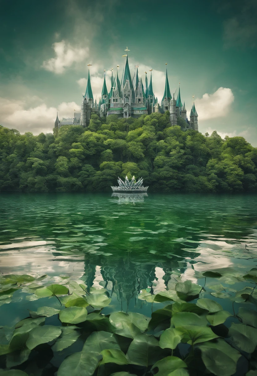 the picture shows a crown flying over a lake,UE5,OCTAN,C4D, in the style of futuristic organic, dark silver and light green, kodak ultramax, historical illustration, lunarpunk, gigantic scale, wide angle lens