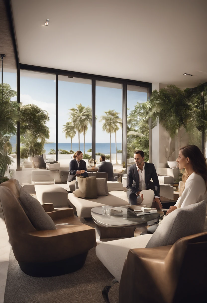 /imagine prompt: An image portraying Brazilian real estate agents inside a sales booth, enthusiastically presenting a new property development to potential clients. The scene is bustling with activity, showcasing agents holding a detailed architectural model of the project. The booth is beautifully designed with modern aesthetics, and the clients are seated in comfortable chairs, engaged in discussions with the agents. The atmosphere is charged with excitement and anticipation, as clients envision their future in the showcased development. The style is a realistic illustration with attention to interior design details, highlighting the agents' expressions and the intricacies of the model. --ar 16:9 --v 5