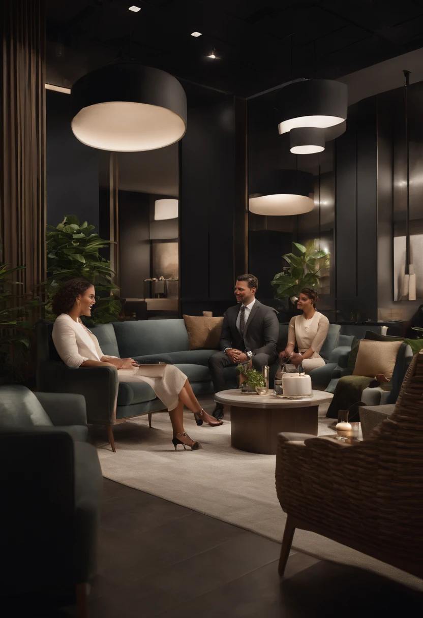 /imagine prompt: An image portraying Brazilian real estate agents inside a sales booth, enthusiastically presenting a new property development to potential clients. The scene is bustling with activity, showcasing agents holding a detailed architectural model of the project. The booth is beautifully designed with modern aesthetics, and the clients are seated in comfortable chairs, engaged in discussions with the agents. The atmosphere is charged with excitement and anticipation, as clients envision their future in the showcased development. The style is a realistic illustration with attention to interior design details, highlighting the agents' expressions and the intricacies of the model. --ar 16:9 --v 5