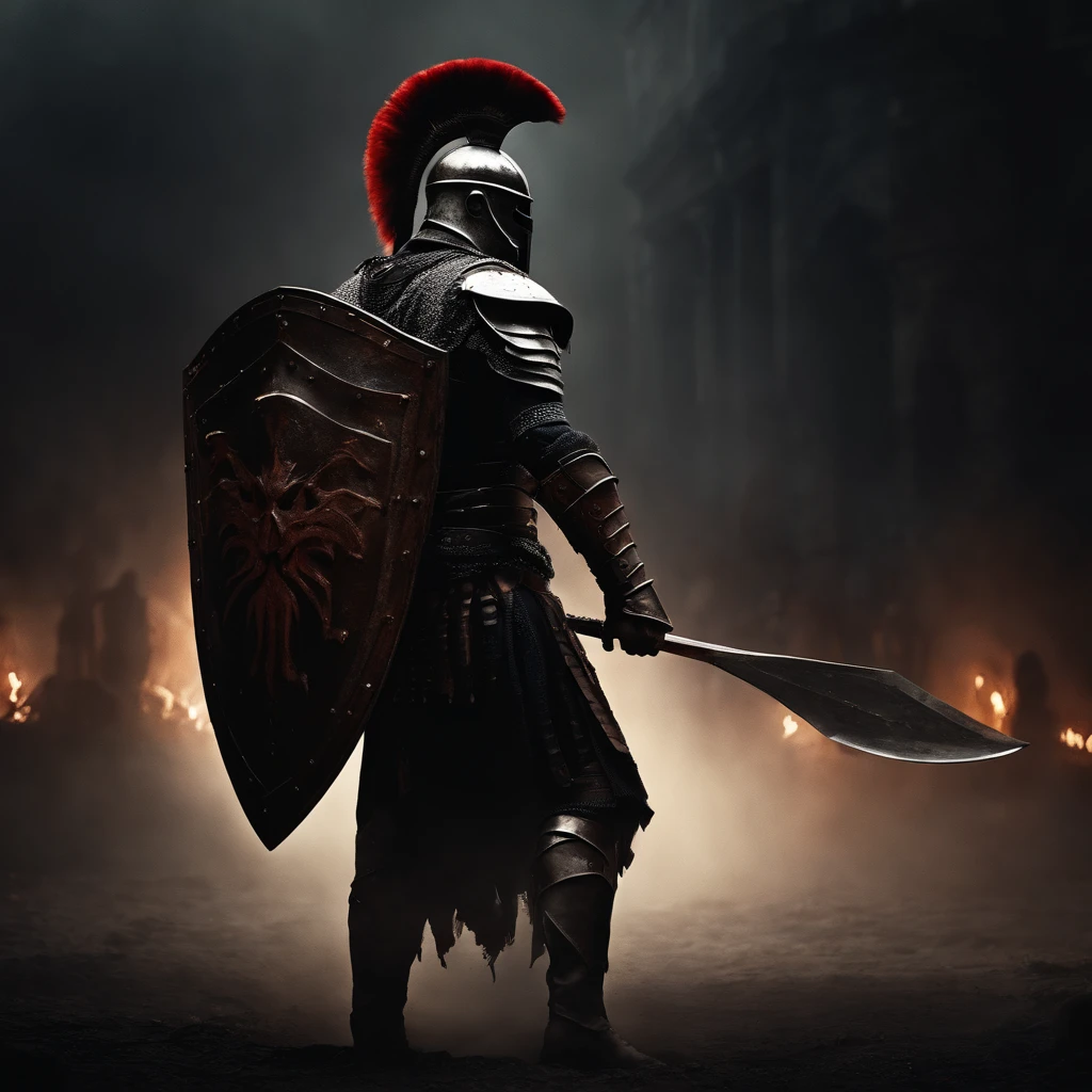 Best quality, Masterpiece, Black work, gladiator wearing helmet, strong and strong upper body, holding shield in hand, demonic armor, blood splatters, skulls on the ground, side profile, medieval, dark room, dim light