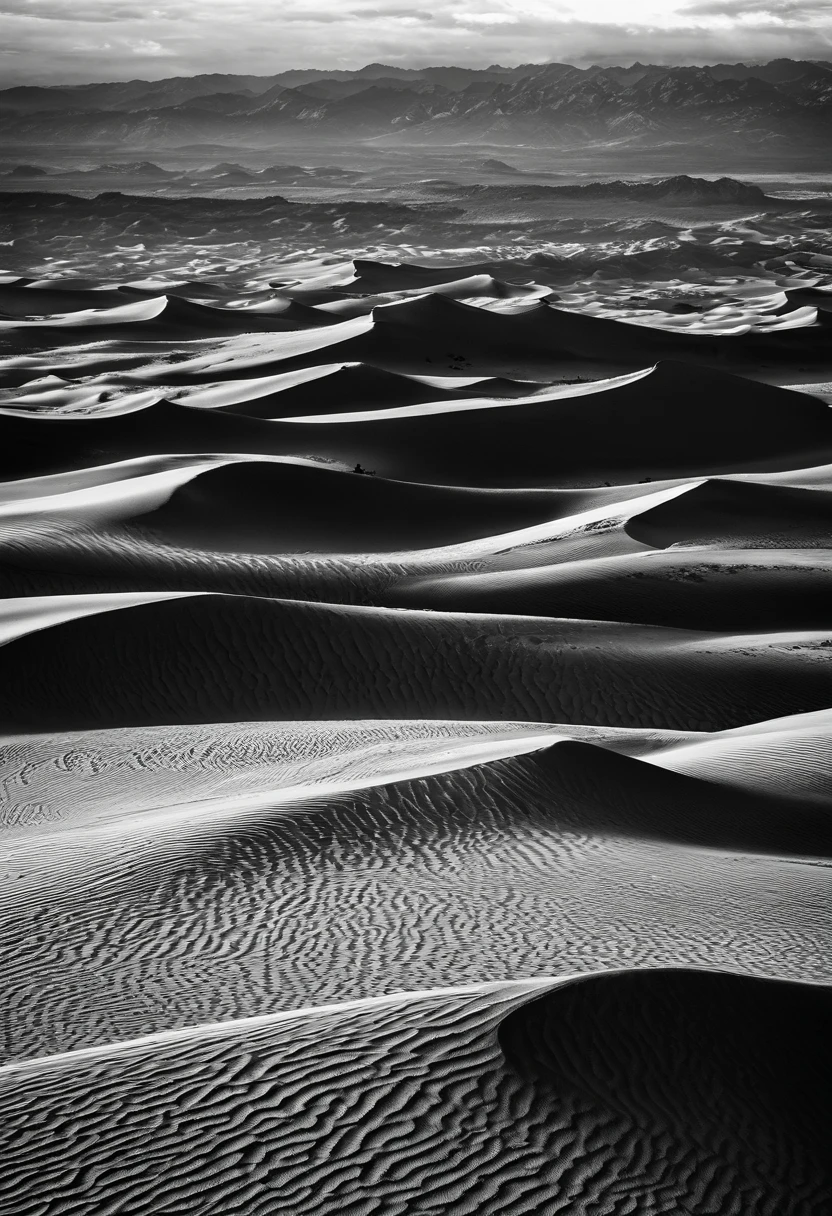 national geographics award winning monochrome photo of aerial view of desert dunes, distant dunes visible at the top with clouds in the sky, in the style of contoured shading, highly detailed large format photography, HDR