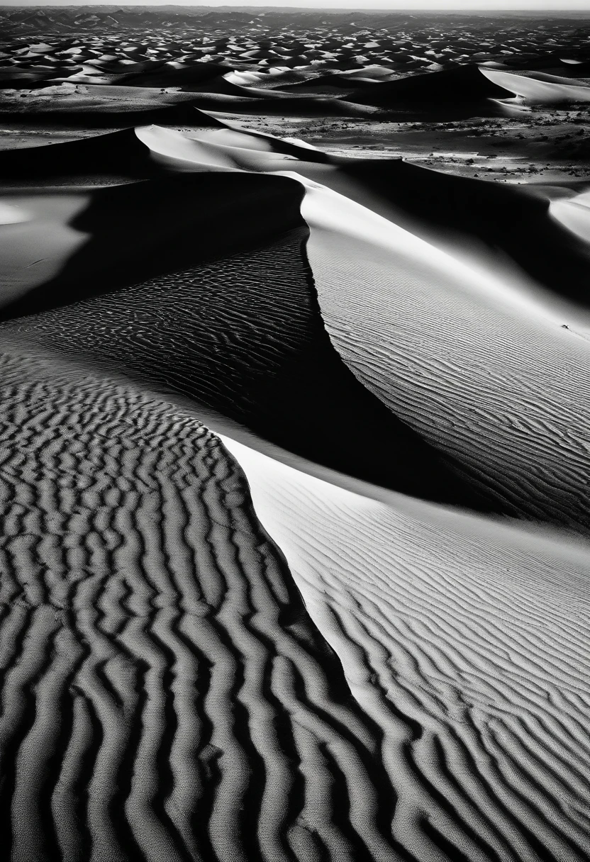 national geographics award winning monochrome photo of aerial view of desert dunes, distant dunes visible at the top with clouds in the sky, in the style of contoured shading, highly detailed large format photography, HDR