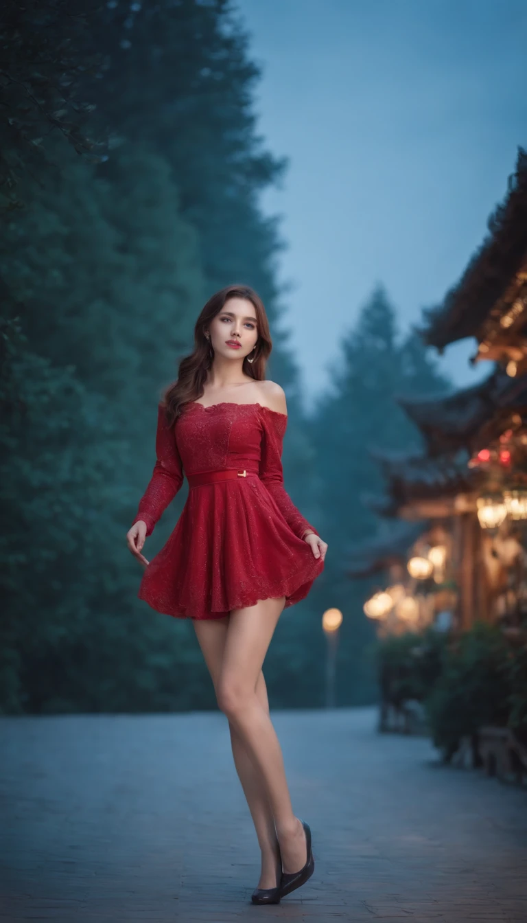 (best qualtiy,tmasterpiece), 1girl, Beautiful young girl, Raised sexy, period costume, short skirt, show legs, the night, starrysky, cold light, (in red, cyan colors, white colors), ((from below)), ((full body))