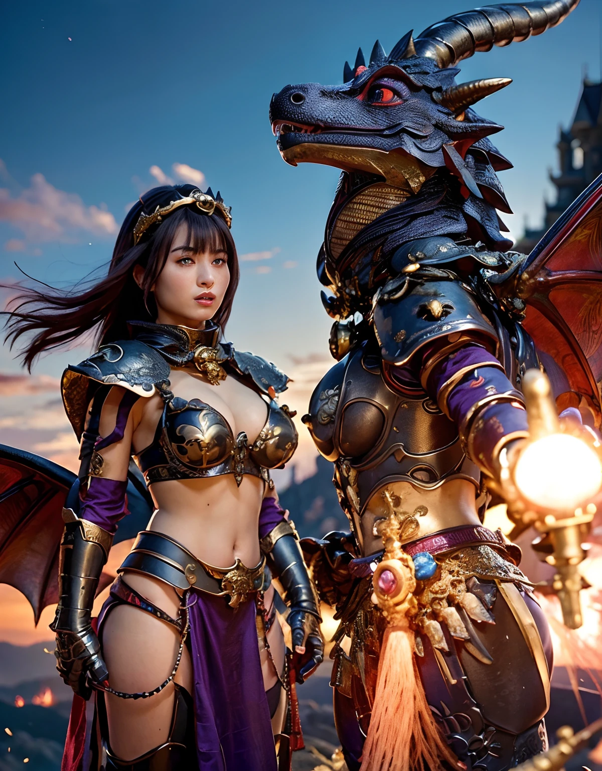 Professional , masterpiece、top-quality、photos realistic , depth of fields 、(Dragon Blue Metal Body:1.9),(Enamel purple、(cleavage of the breast)、Mystical expression、Dragon Gold Weapon、(Red Micro Bikini Armor:1.4),Gorgeous gold weapons ,Particles of light、(( Dragon's dense and gorgeous sword)) , (demonic wings)、((a blond))、(Castle background)、((Gangle's forest background))、((Fight dragons))、Beautiful Caucasian beauty、1a person、dynamic ungle,(((Detailed and ornate dragon helmet)))、Smaller head、A smile、Castle background、Thin and beautiful female hands、cleavage of the breast、Soldier in iron armor on background、Mystical expression、Light Effects、intense fighting、Wind-effect、magic circles、With the legendary magic wand、Dragon's tail、explosions、Anatomically correct body、