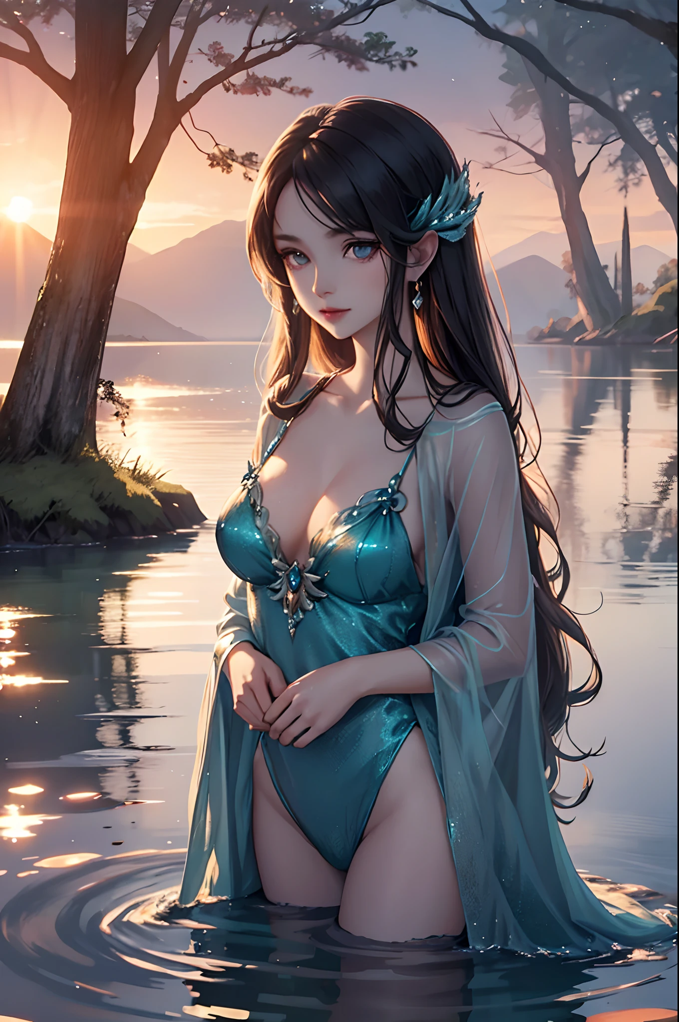 pulchritudinous, malevolent water nymph, her enchanting form mostly concealed beneath the glistening waters of a tranquil lake as the sun dips below the horizon, casting a mystical and eerie glow on the scene.