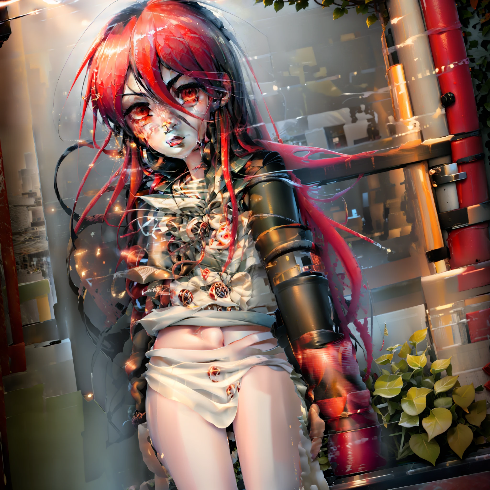 (highres,masterpiece:1.2), realistic, vivid red hair, piercing red eyes, short-sleeved uniform, detailed facial features, beautiful garden scenery, soft lighting, digital art style