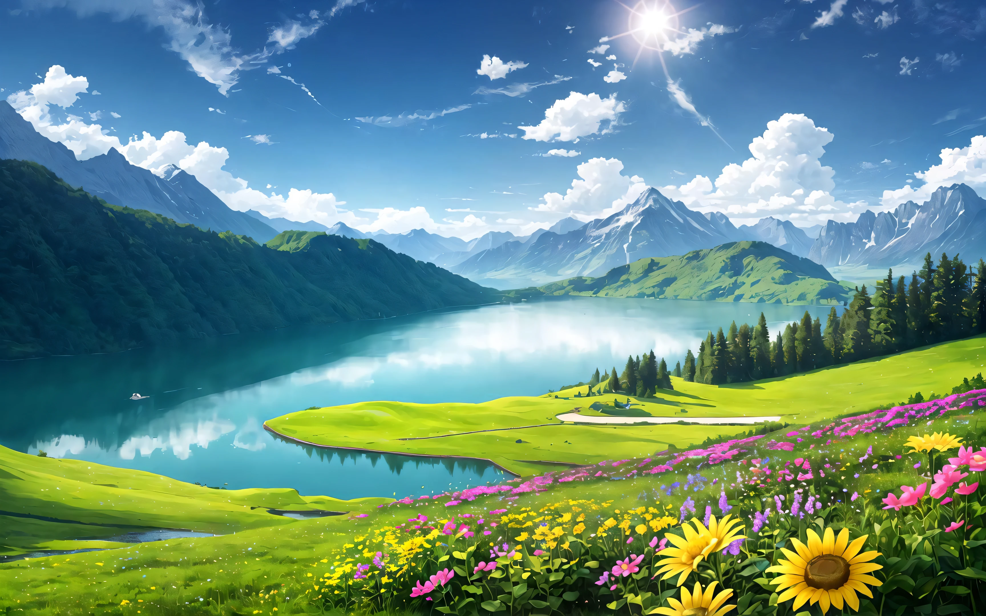 scenery, flower meadow, lake, forest, mountains, nimbostratus clouds, overcast sky, sun