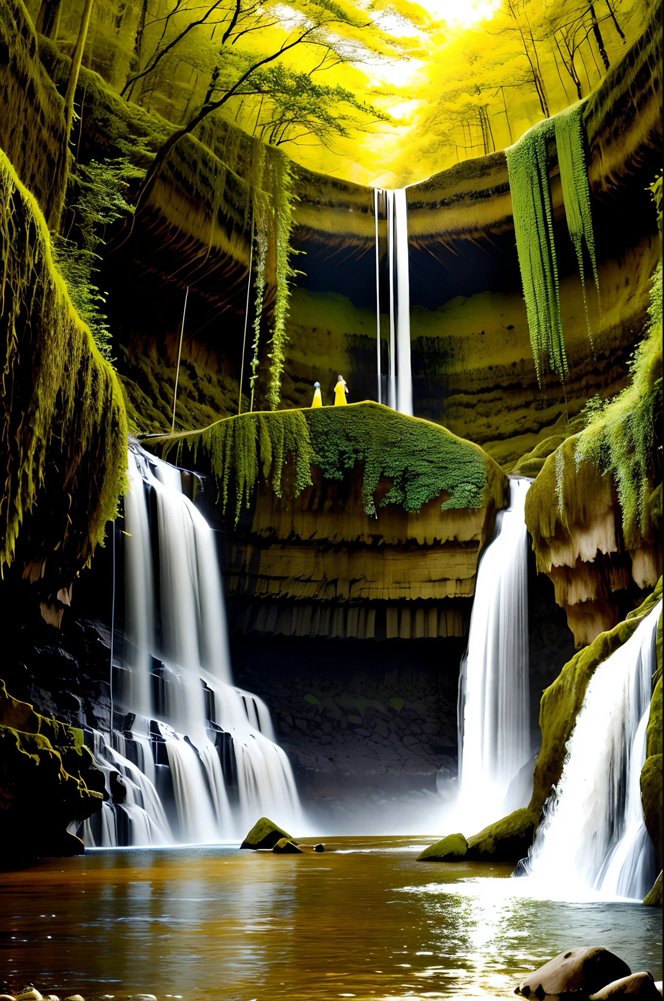 There's an old minimalist African queen sitting in a sparkling golden dress, with a beautiful transparent golden veil in front of a waterfall, Cachoeira tranquila e bonita, cachoeiras de ouro, epic 3D oshun, pano de fundo da cachoeira, linda cachoeira deslumbrante, solitude under a waterfall, Deusa da natureza, com cachoeiras, ao lado de uma cachoeira, velha senhora fantasia, fantasia bonita, cachoeira deslumbrante, cachoeira bonita, Deusa da natureza, com uma cachoeira