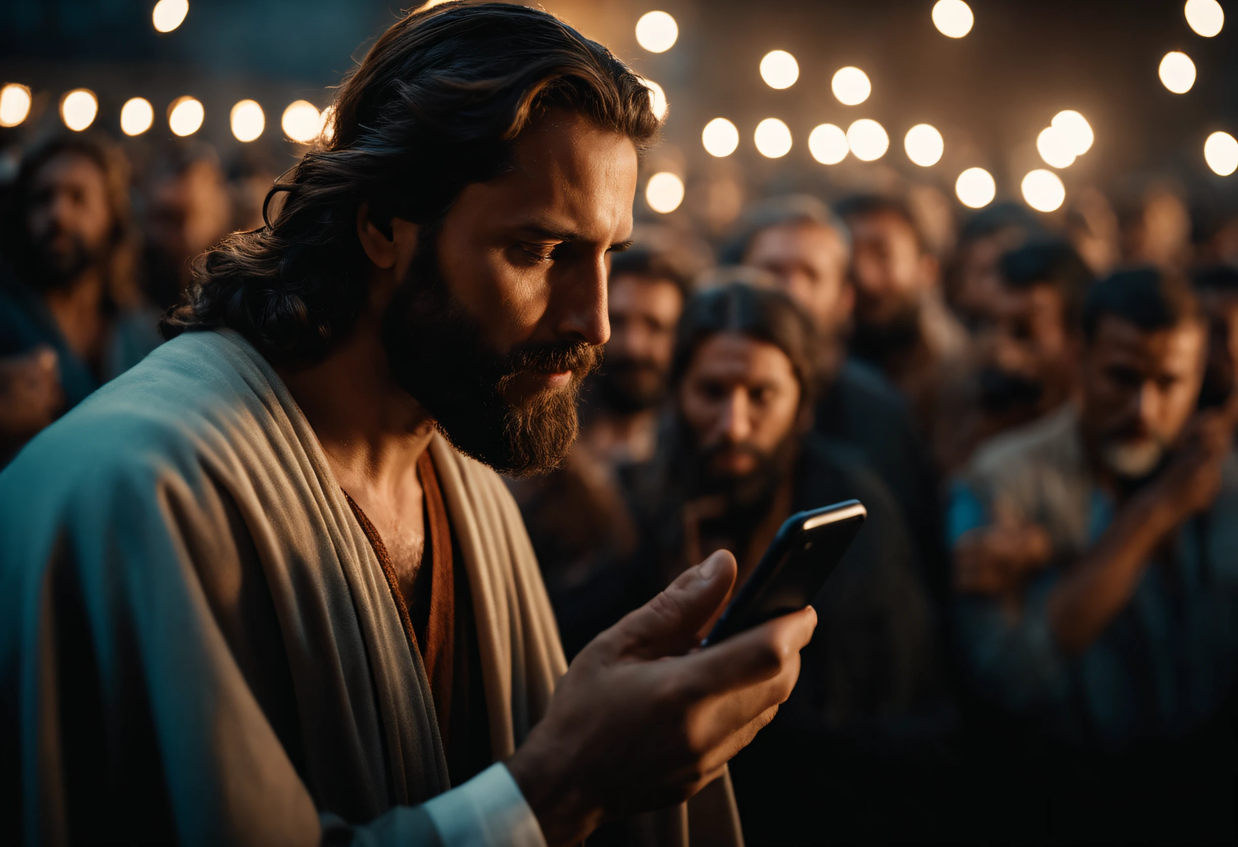 pov, jesus segurando celular, with crowd looked at him