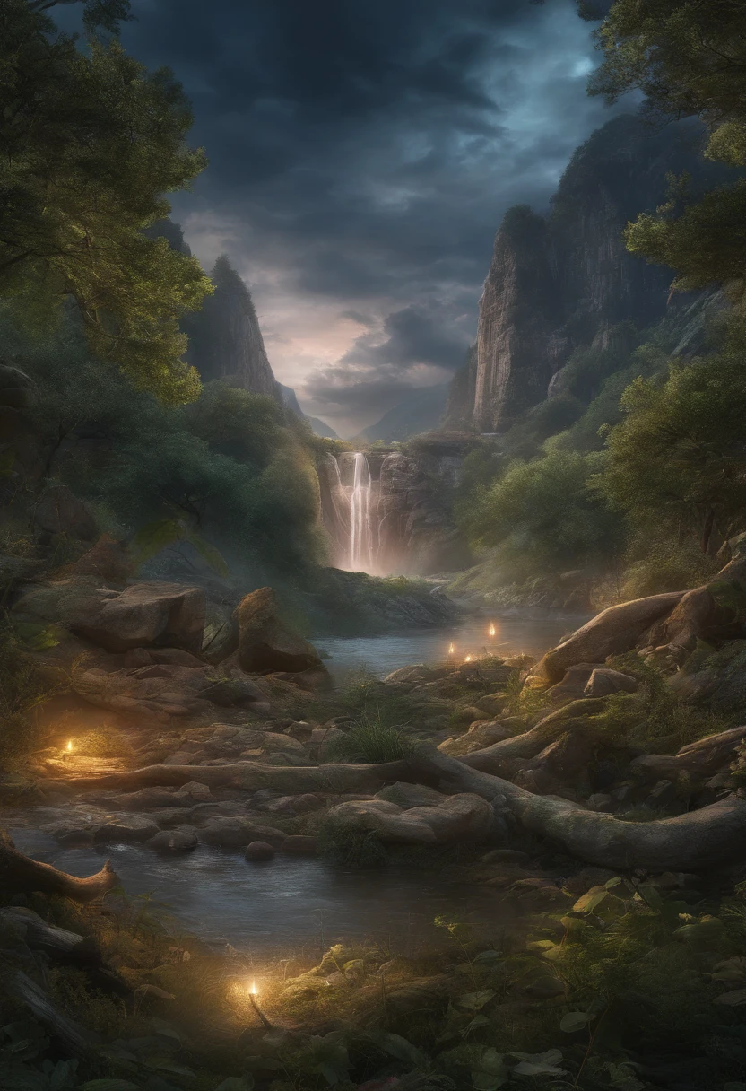 best quality, masterpiece, beautiful wild and natural fantasy landscape with glowing lights