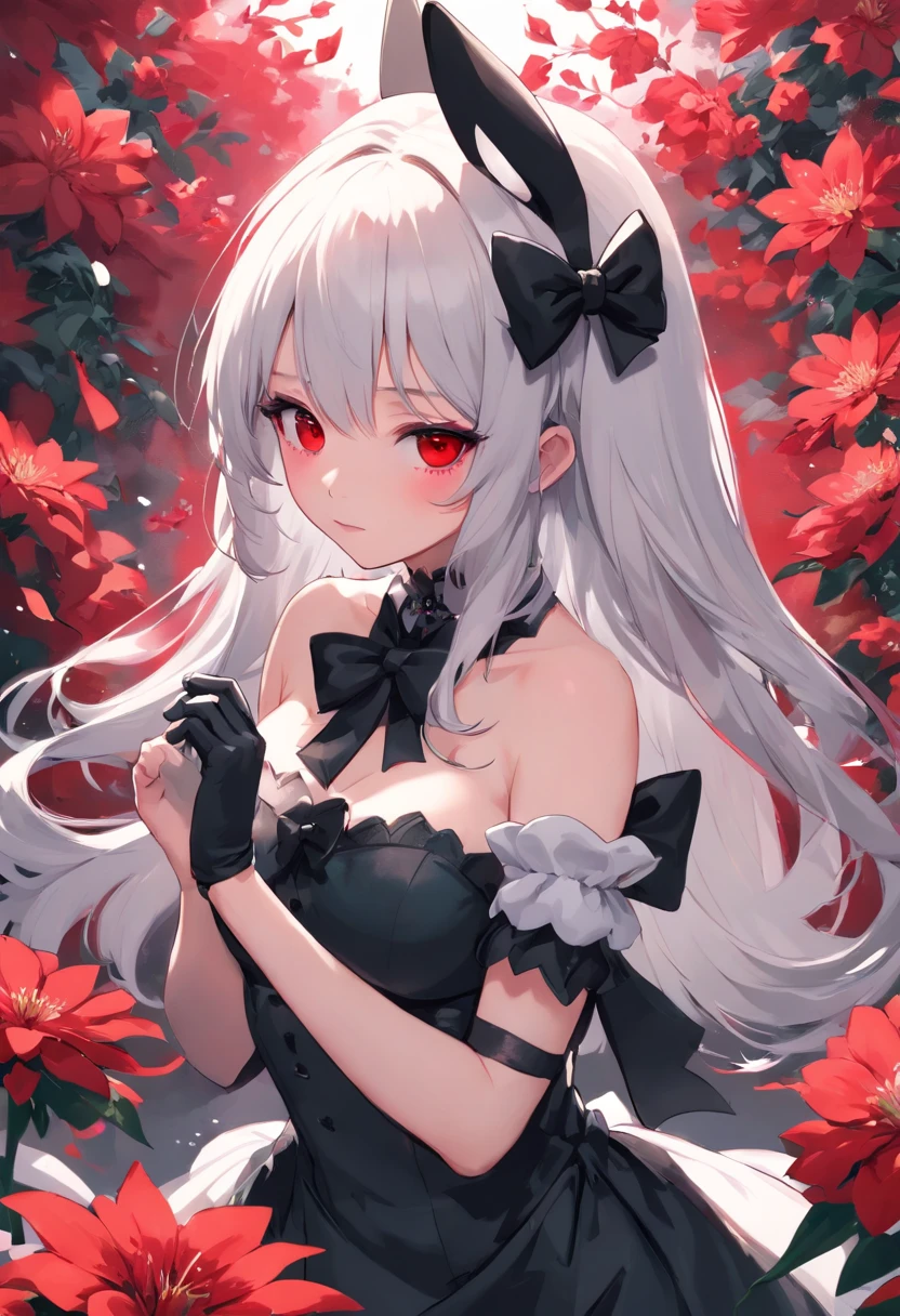 (Highly detailed), ((Masterpiece)),(Impasto), Intricate, Ecclesiastical painting,(((1 girl))) , picture frame, Fantasy ,(Monochrome girl:1.5), (against the background of red flowers:1.5),NSFW, Sexy rabbit outfit,1girl, big breastes, naked breasts, 独奏, red eyes, gloves, flower, Long hair, animal ears, holding, looking a viewer, black gloves, partially fingerless gloves, upper-body, bare shoulders, bunny ears, Bangs, red flower, white colored hair, Red dress, holding flower, mask, black bow, Dress, shoulder cutout, bow, Hair between the eyes, parted lips, Wavy Hair, hair ornament, petals, one eye covered, black nails, Hair Bow,Fantasy, Intricate, elegant, Highly detailed, Digital Painting, Artstation, Concept art, Matte, Clear Focus, Illus