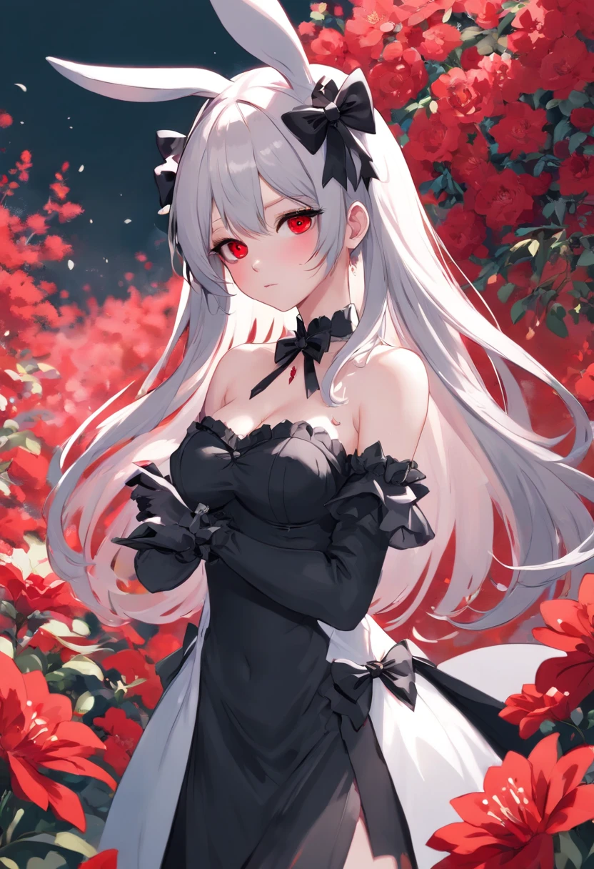 (Highly detailed), ((Masterpiece)),(Impasto), Intricate, Ecclesiastical painting,(((1 girl))) , picture frame, Fantasy ,(Monochrome girl:1.5), (against the background of red flowers:1.5),NSFW, Sexy rabbit outfit,1girl, big breastes, naked breasts, 独奏, red eyes, gloves, flower, Long hair, animal ears, holding, looking a viewer, black gloves, partially fingerless gloves, upper-body, bare shoulders, bunny ears, Bangs, red flower, white colored hair, Red dress, holding flower, mask, black bow, Dress, shoulder cutout, bow, Hair between the eyes, parted lips, Wavy Hair, hair ornament, petals, one eye covered, black nails, Hair Bow,Fantasy, Intricate, elegant, Highly detailed, Digital Painting, Artstation, Concept art, Matte, Clear Focus, Illus