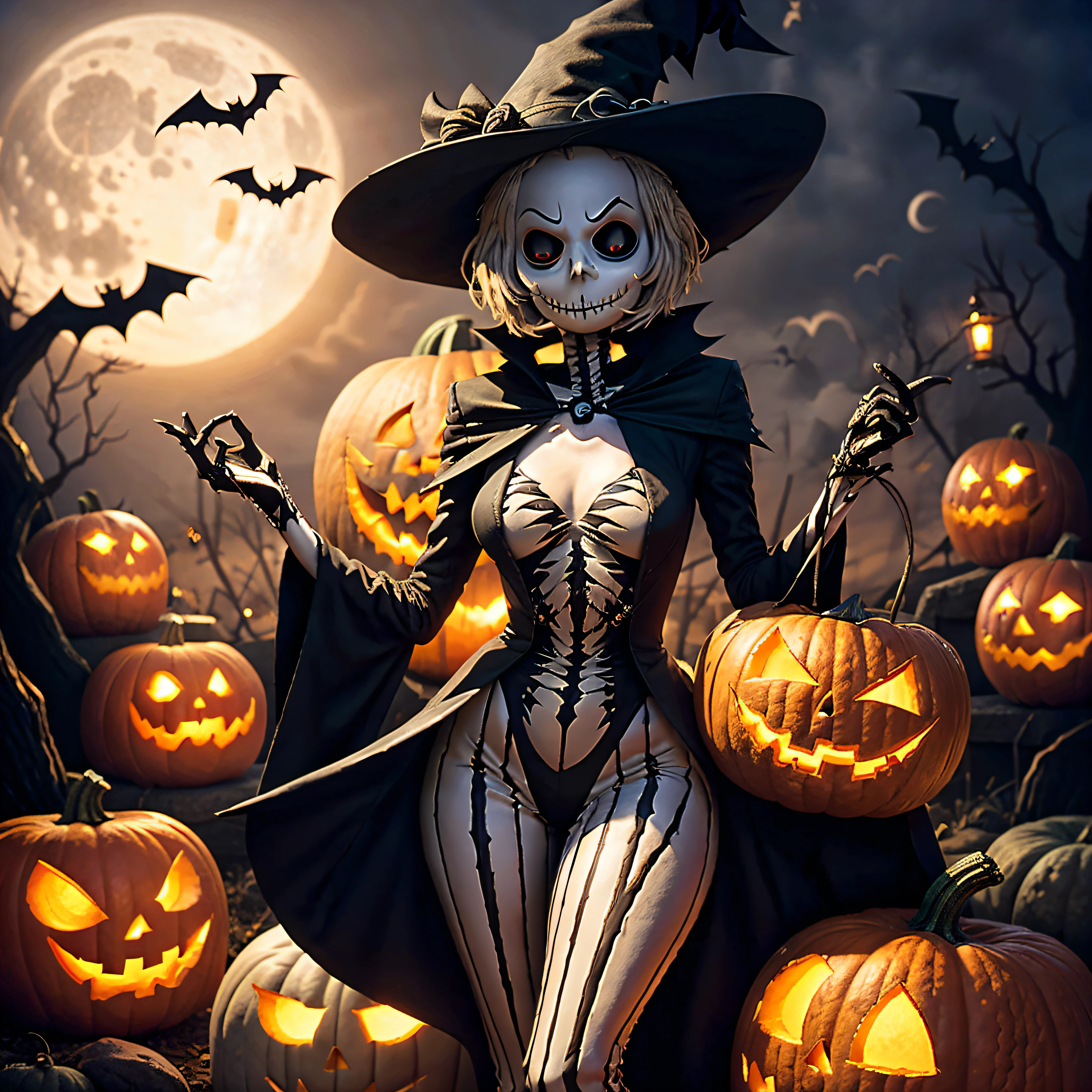 Jack Skellington, Rindo, Evil, Cidade de Halloween, pumpkins, Morcegos, luar,