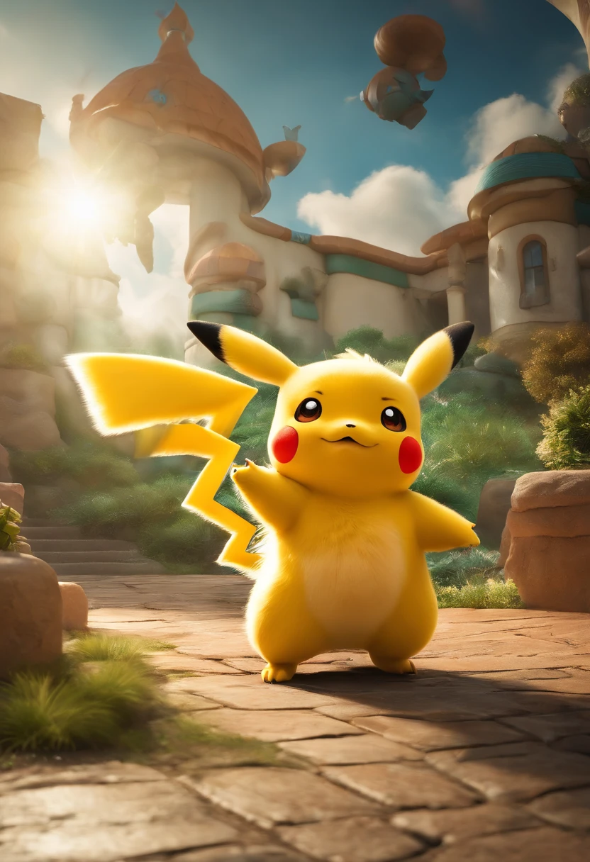 Fotografia completa e centralizado, Fotografia com Qualidade 8k, Hiper Realismo na Fotografia, ultra Realismo na Fotografia, obra-prima, melhor qualidade, Pokémon Pikachu characters, Bulbasaur, Snorlax, Lucario, Charizard todos juntos em uma festa infantil se divertindo, pulando, brincando, fun, heaven, nuvem, (Close-up:1.1), brilhante, Feliz, divertido, soft-lighting, (Bauhaus, Forms, linhas, abstrato:1.1), (the Character is sideways in the photograph in the Attack position), The character is sideways to the right flying in the attack position