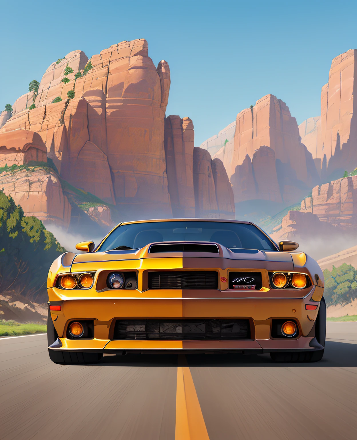 a painting of a boss muscle car, (masterpiece, best quality), particle effects, epic explosion background, vivid, hdr, night time, very detailed, (cell shaded:1.2), ray tracing, it doesn't matter if it's an inch or a quarter mile
