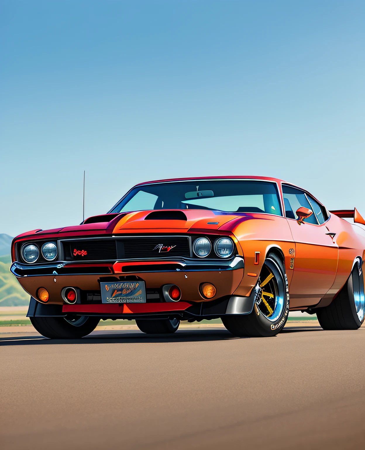 a painting of a boss muscle car, (masterpiece, best quality), particle effects, epic explosion background, vivid, hdr, night time, very detailed, (cell shaded:1.2), ray tracing, it doesn't matter if it's an inch or a quarter mile