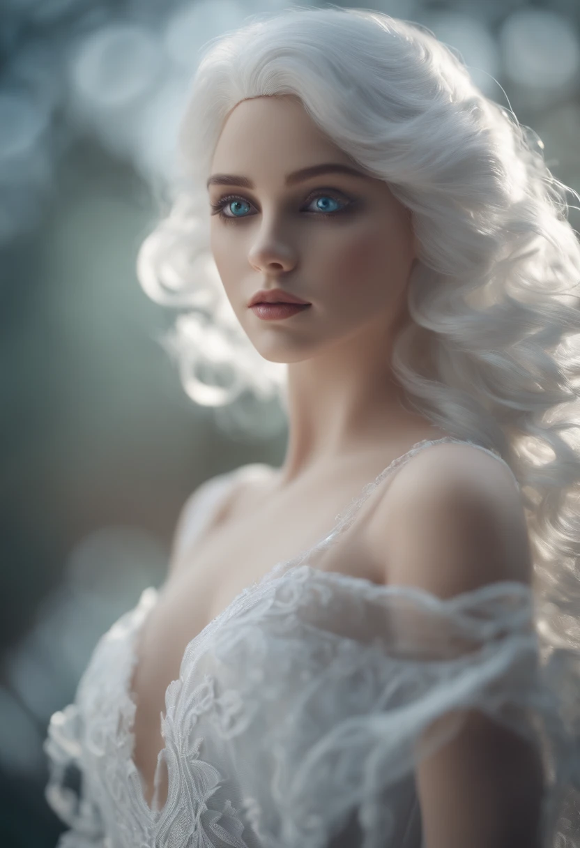 bautiful young woman，Silvery-white hair，White dress，Azure eyes，magical little girl，Intricate Art Nouveau designs are carved on her porcelain doll-like body. Embedded light-emitting cybernetics, vibrant, Realistic eyes looking at the camera. 50 millimeters, High contrast, Clean,vibrant, high resolution, Front and section views, Close up, 4K, 3d octane render, Cinematic lighting, Dynamic, Ray tracing,