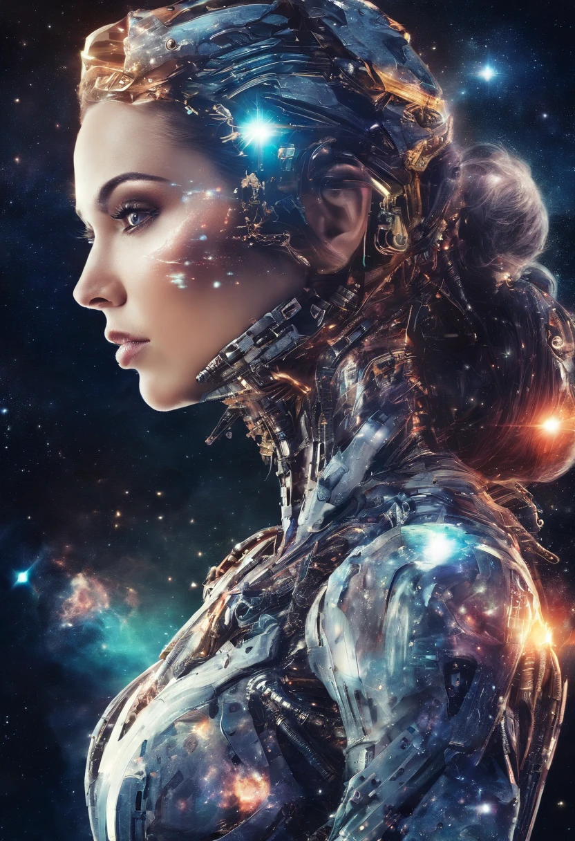 create a image of a beautiful women,half machine half human