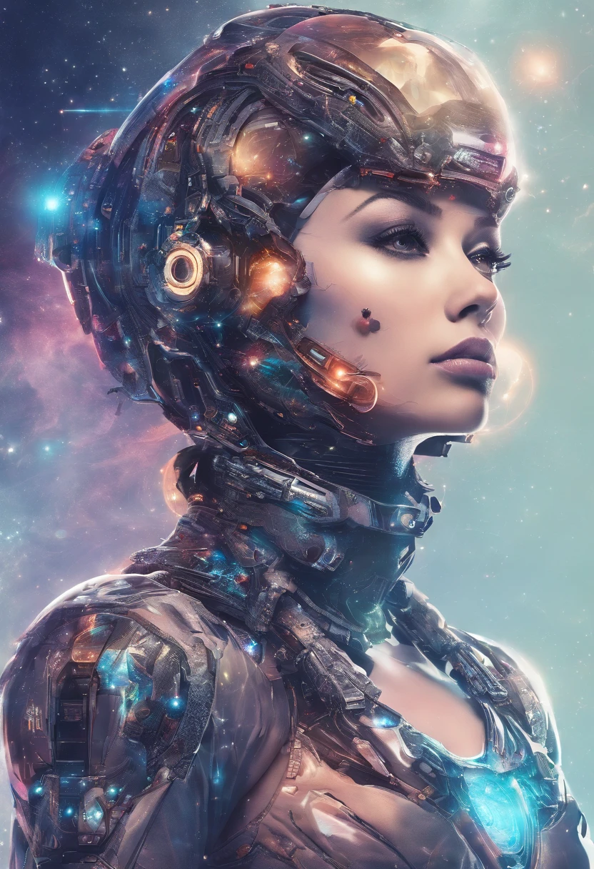 create a image of a beautiful women,half machine half human