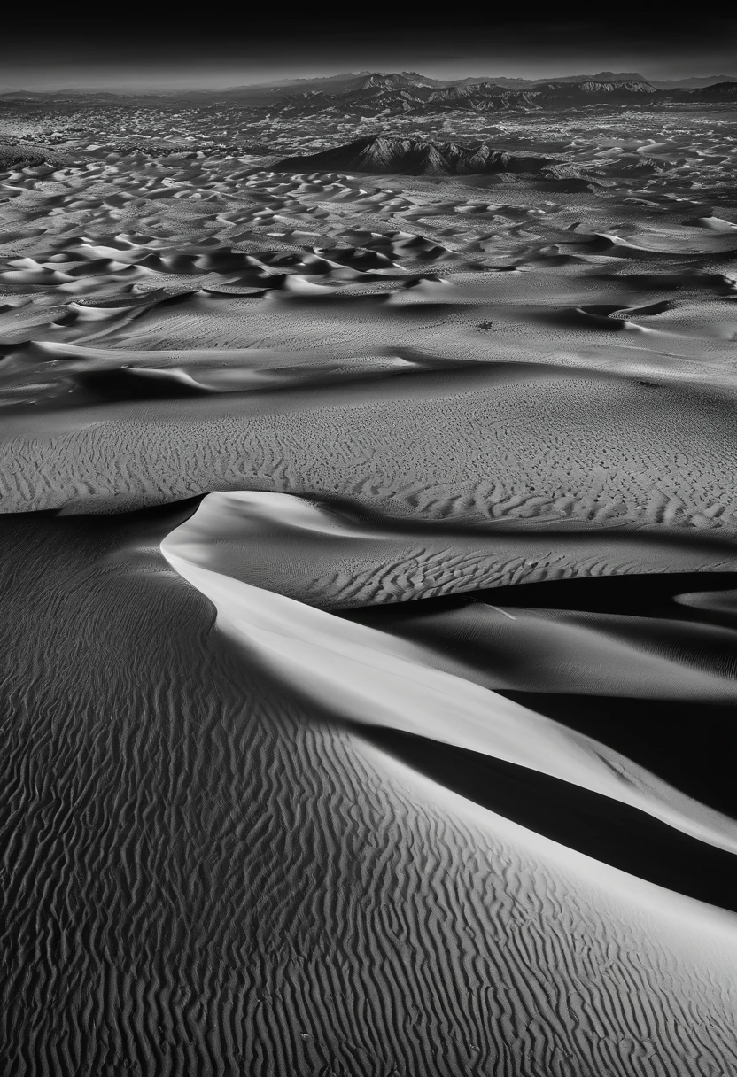 national geographics award winning monochrome photo of aerial view of desert dunes, distant dunes visible at the top with clouds in the sky, in the style of contoured shading, highly detailed large format photography, HDR