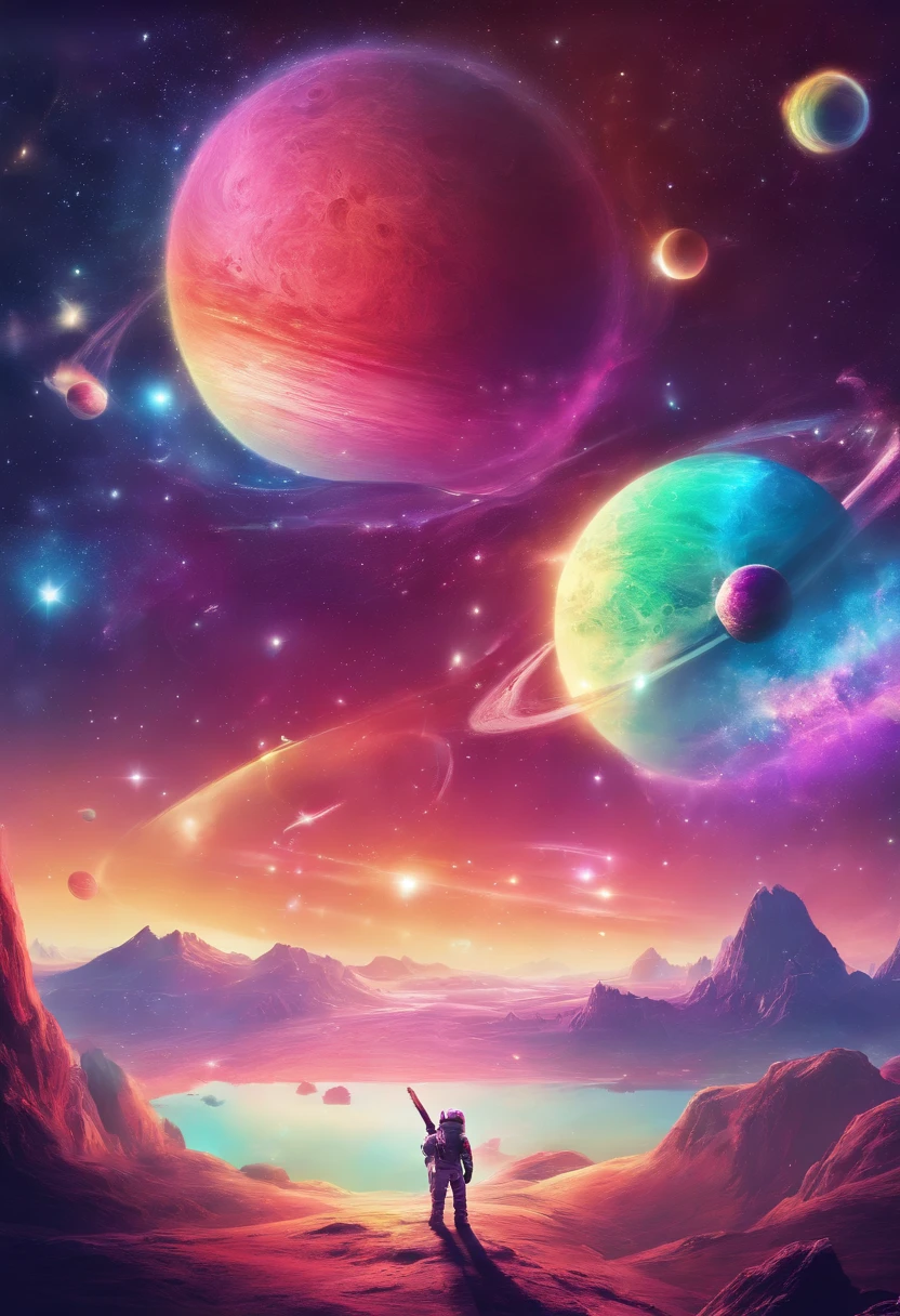 phantastic landscape on a foreign planet, a bright rainbow and planets with rings in the sky