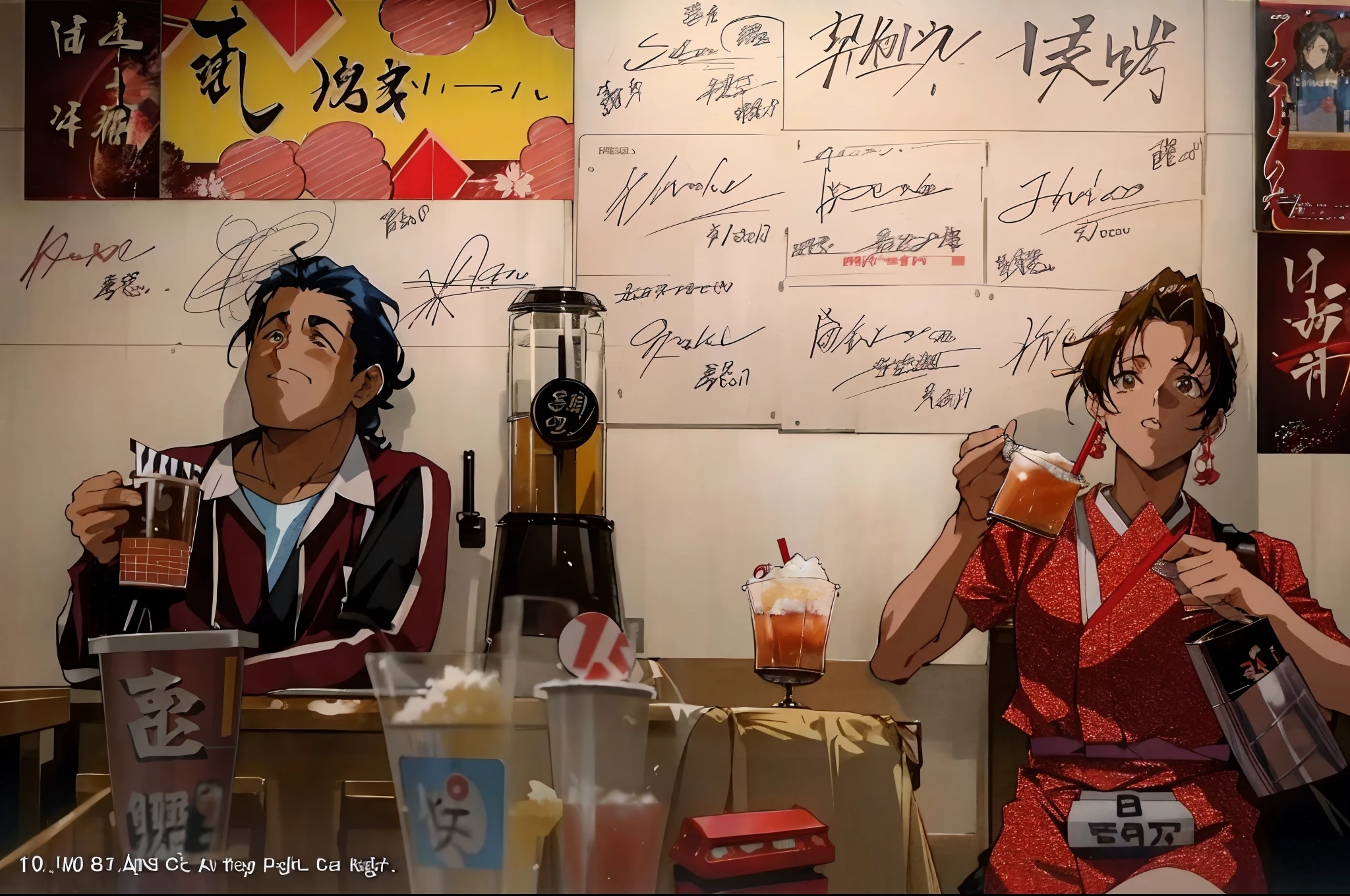 Anime scene, retro anime, 80s vibe, 80s aesthetics, there are two people sitting at a table with drinks and a sign, tokyo izakaya scene, screenshot from a movie, still from a live action movie, production still, still from the movie, still from a movie, scene from live action movie, highlight scene of the movie, high quality film still, movie still frame, an film still, film promotional still