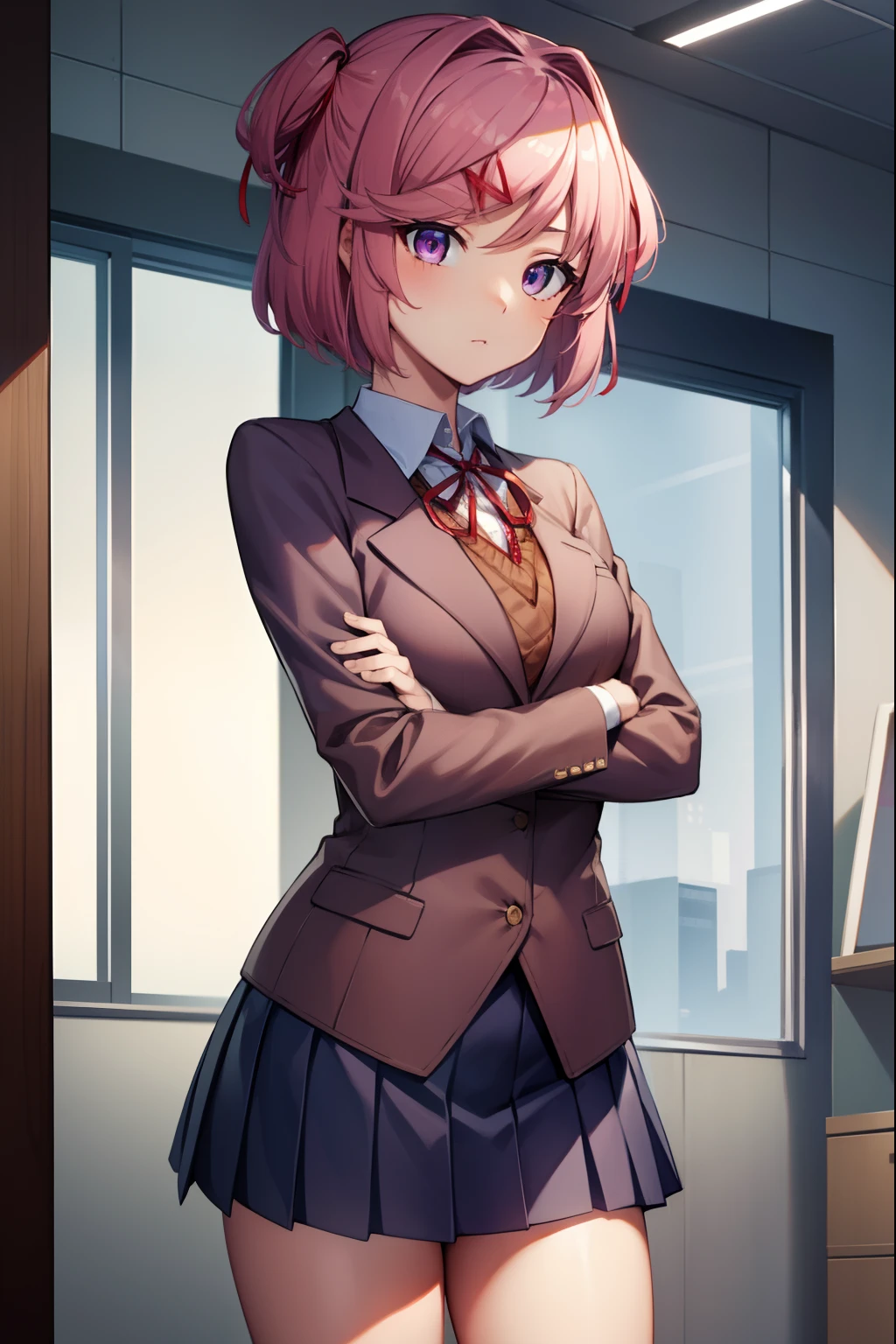 ddlcnatsuki, ddlcnatsuki, fang, hair ornament, pink hair, (purple eyes:1.1), short hair, short sidetail, swept bangs, x hair ornament,
BREAK blazer, blue skirt, brown jacket, collared shirt, jacket, long sleeves, miniskirt, neck ribbon, pleated skirt, red ribbon, ribbon, school uniform, shirt, skirt, swept bangs, vest, white shirt, wing collar, x hair ornament,
BREAK looking at viewer,
BREAK indoors, classroom,
BREAK (masterpiece:1.2), best quality, high resolution, unity 8k wallpaper, (illustration:0.8), (beautiful detailed eyes:1.6), extremely detailed face, perfect lighting, extremely detailed CG, (perfect hands, perfect anatomy),