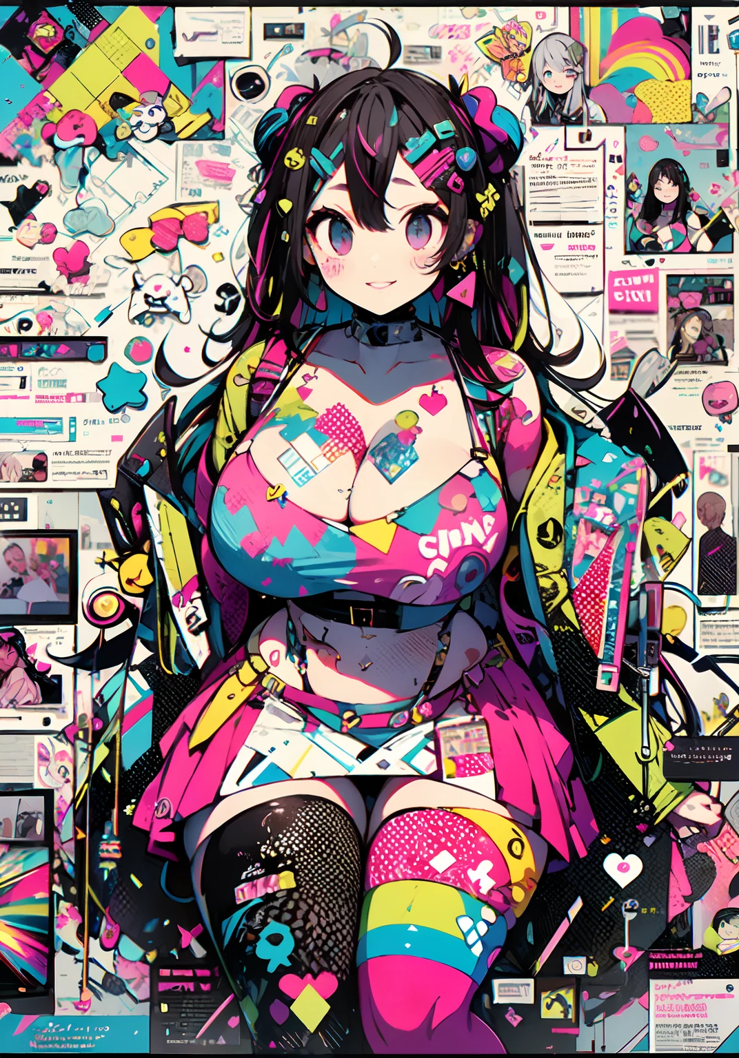 " black hair with rainbow streaks in it kawaii, cute, adorable woman with pink, black and rainbow color scheme. She is dressed in sky-themed clothes made out of clouds and sky motifs. Her outfit is fluffy and soft, with decora accessories like hairclips. She embodies the vibrant and trendy Harajuku fashion style.", horns, demon wings, big boobs,big ass, big lips, juicy lips, huge hair, glitching, glitchy, hacking, computer,digital, sexy, big breasts, cleavage, big ass, tounge out, saliva, {{juicy lips}}