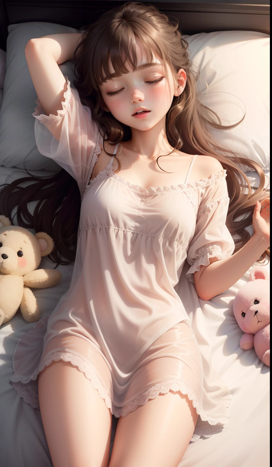 Sleeping Girl, 18 years old, Realistic, Wearing beige panties and transparent nightgown, Open legs, Expressions of satisfaction and relief, Brown hair. Pink bed theme and some cute stuffed animals on the bed,An ultra-high picture quality,high-detail,WAKE UP,