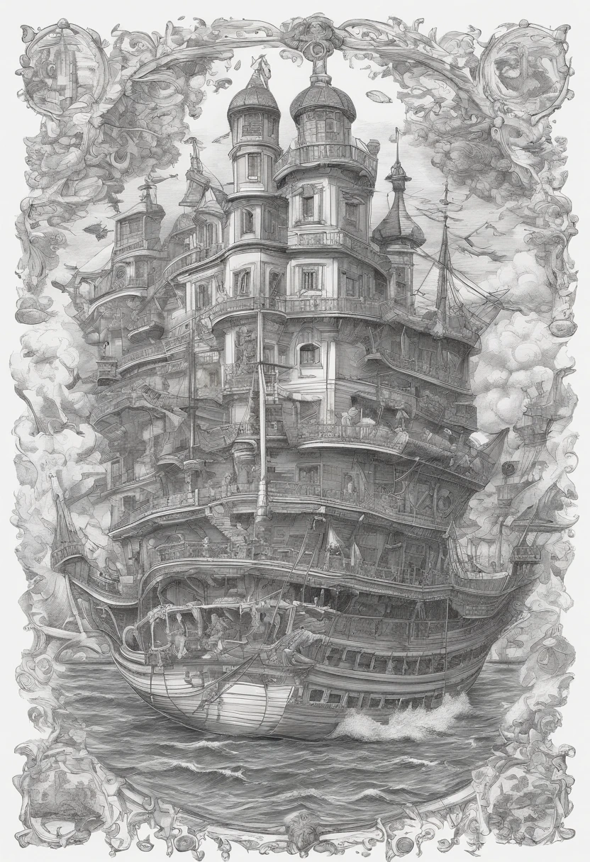 exquisite and detailed drawings, tall and complex building on a single island, on a seaside, sunny, rich, classy, opulent, pirates, tresure, HD, highly detailed, clean drawings, 2d, joy, good mood, happiness, a small unexpecteted whimsical magic element, 64K